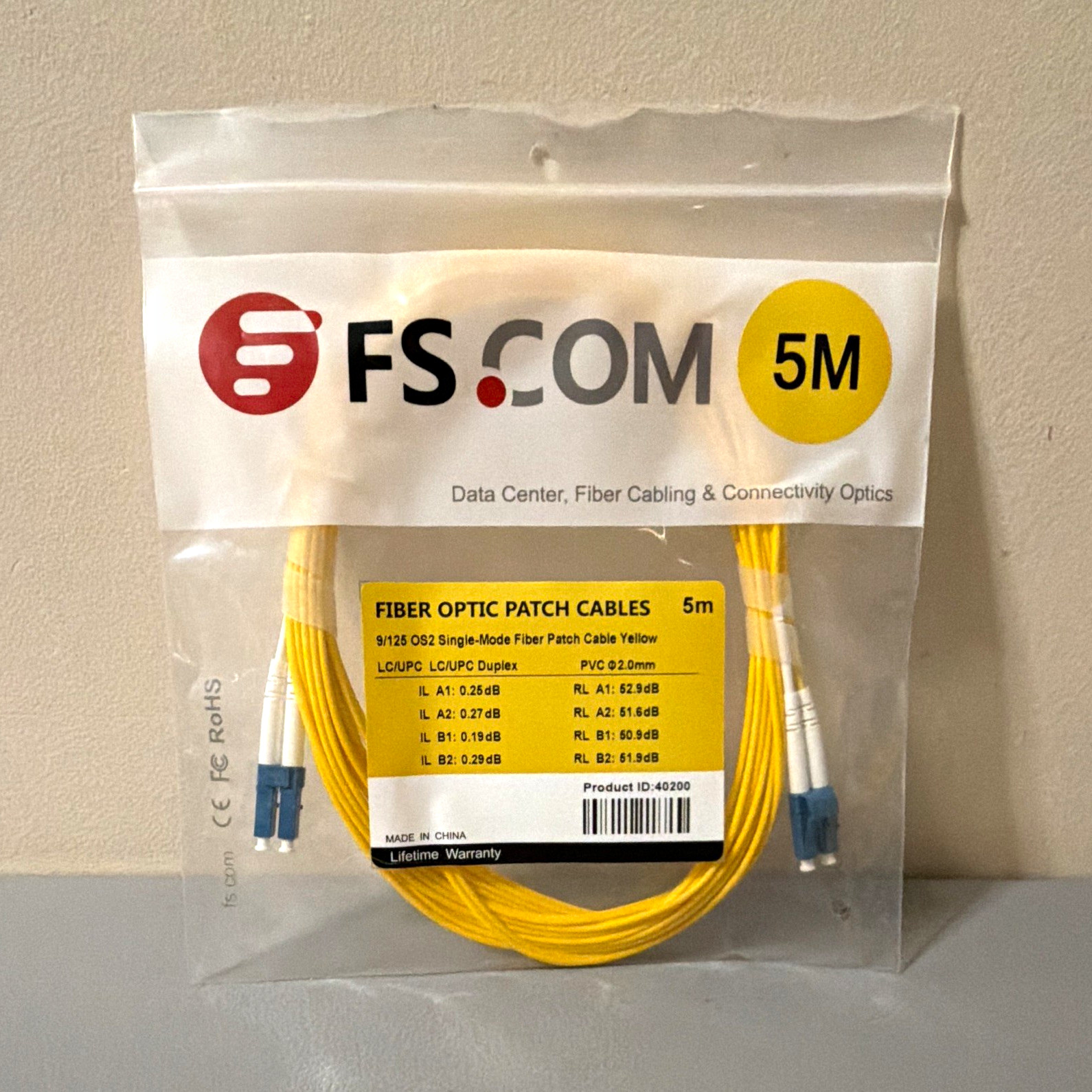 FS OS2 9/125 Duplex Fiber Patch Cable LC/UPC-LC/UPC 5m Yellow 40200 E4B