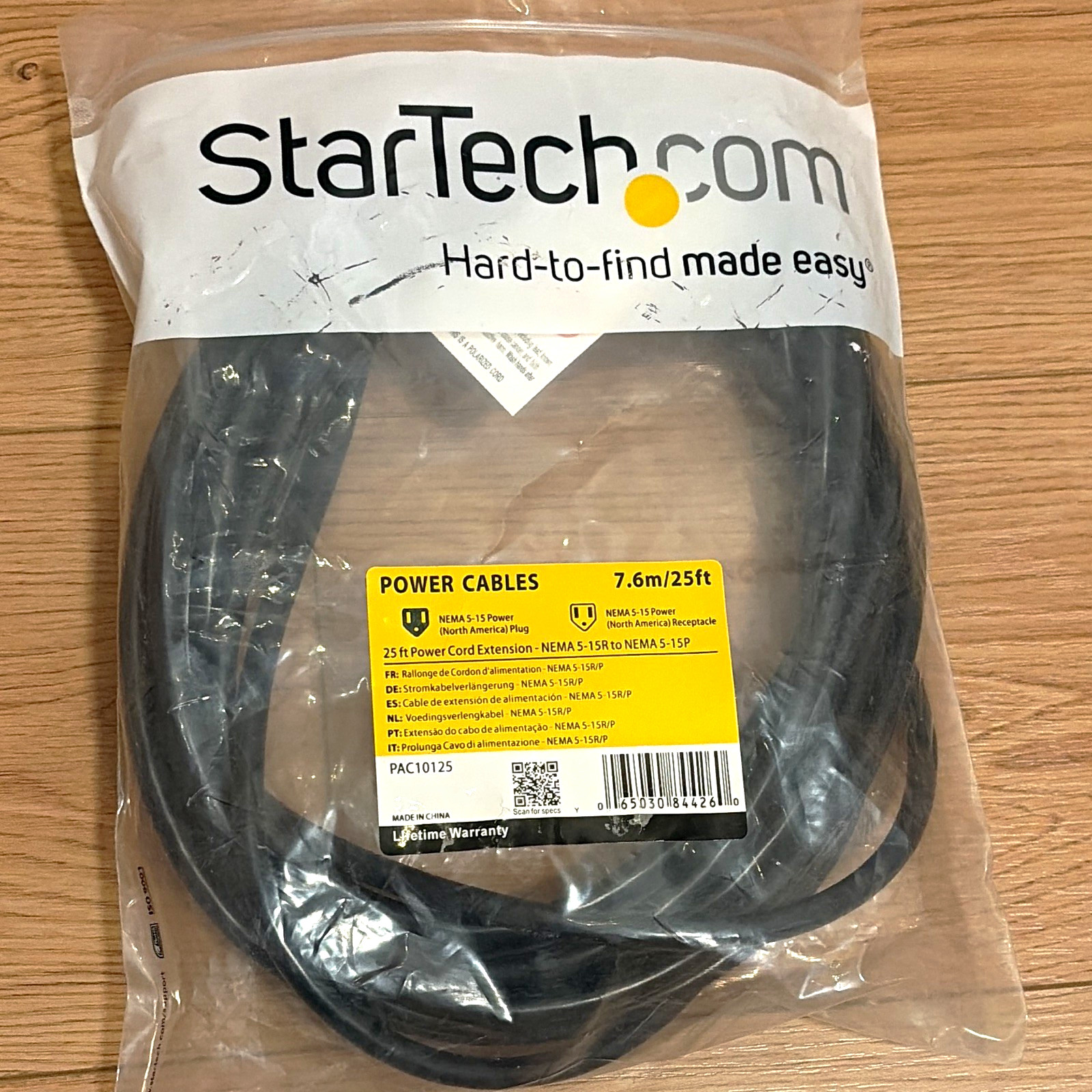 StarTech.com 25ft Power Cord Extension Cable NEMA 5-15R to 5-15P Black