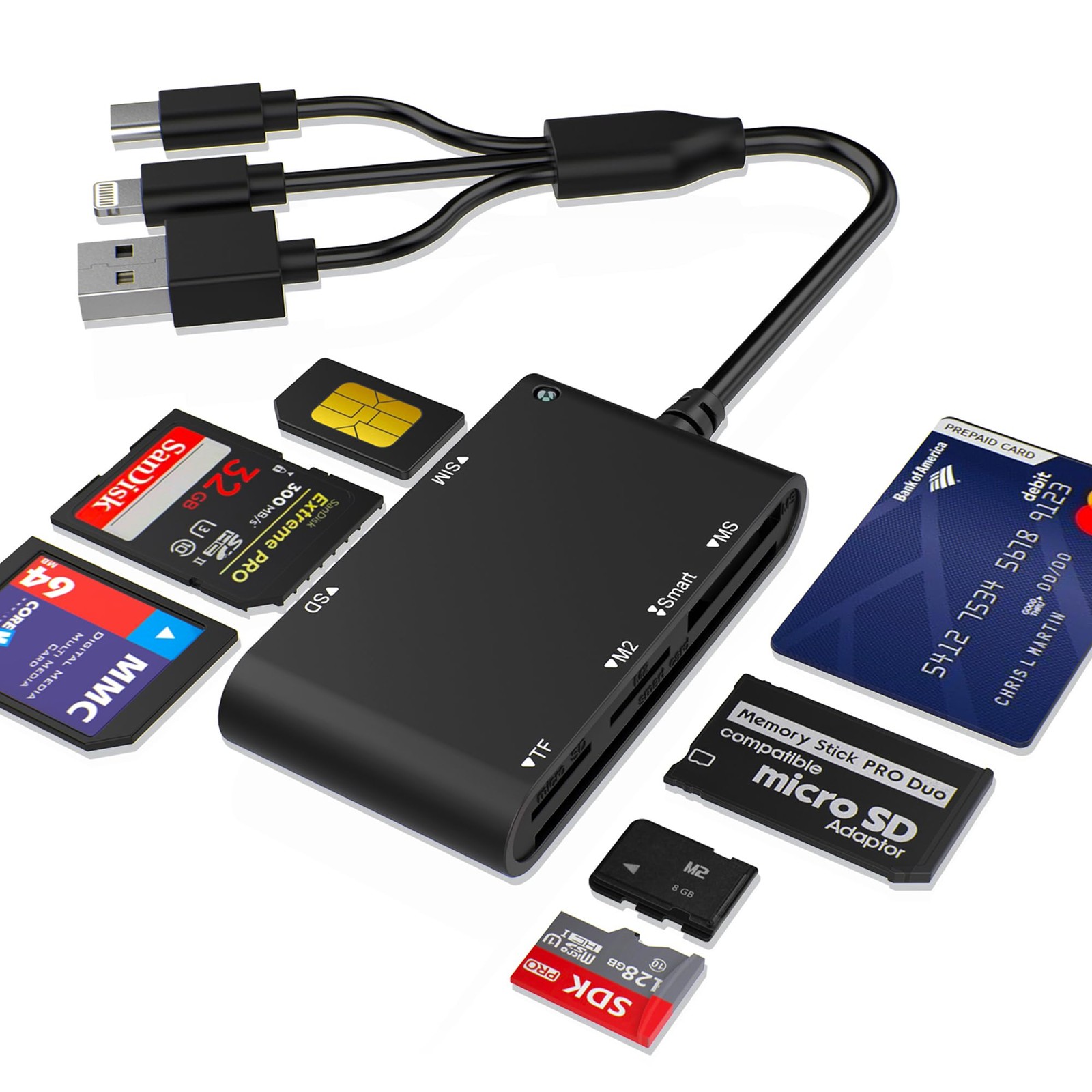 7-in-1 Smart Card Reader with 3-Port Connectivity – Lightning/USB-C/USB-A Mil...