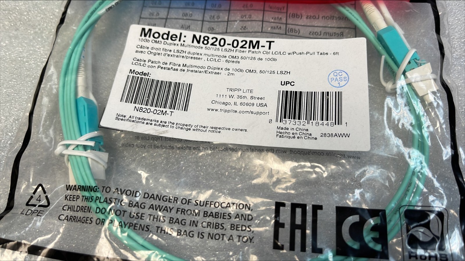 N820-02M-T Tripp Lite 10Gb LC Multimode OM3 Fiber Patch Cable 2M NEW