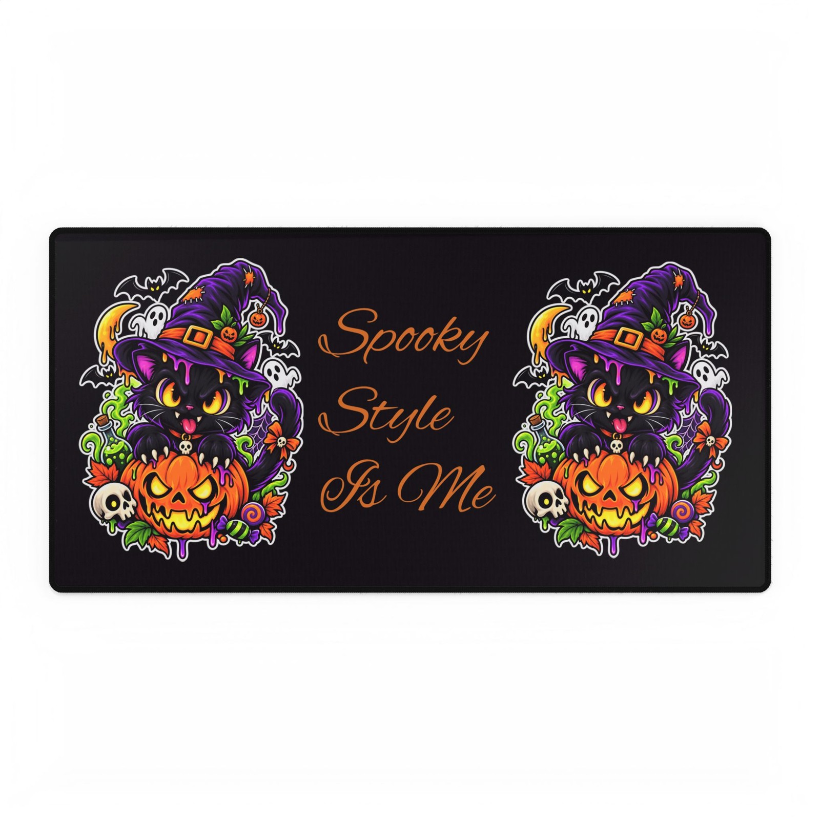 Halloween Cat Desk Mat Witch Cat & Pumpkin Gaming Mouse Pad