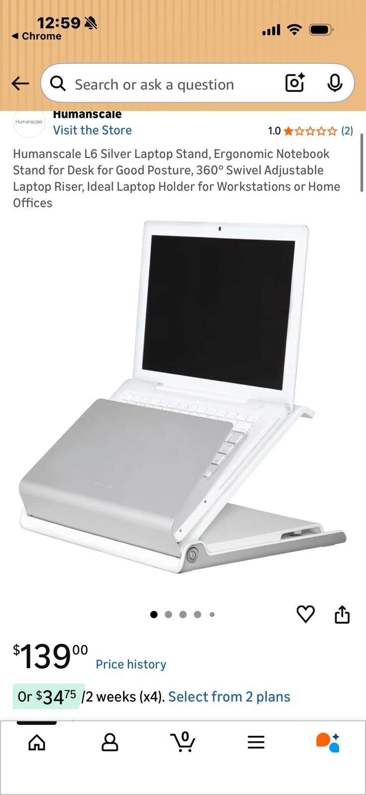 Humanscale L6 Silver Aluminum Laptop Stand Adjustable 360° Swivel for 15-16"