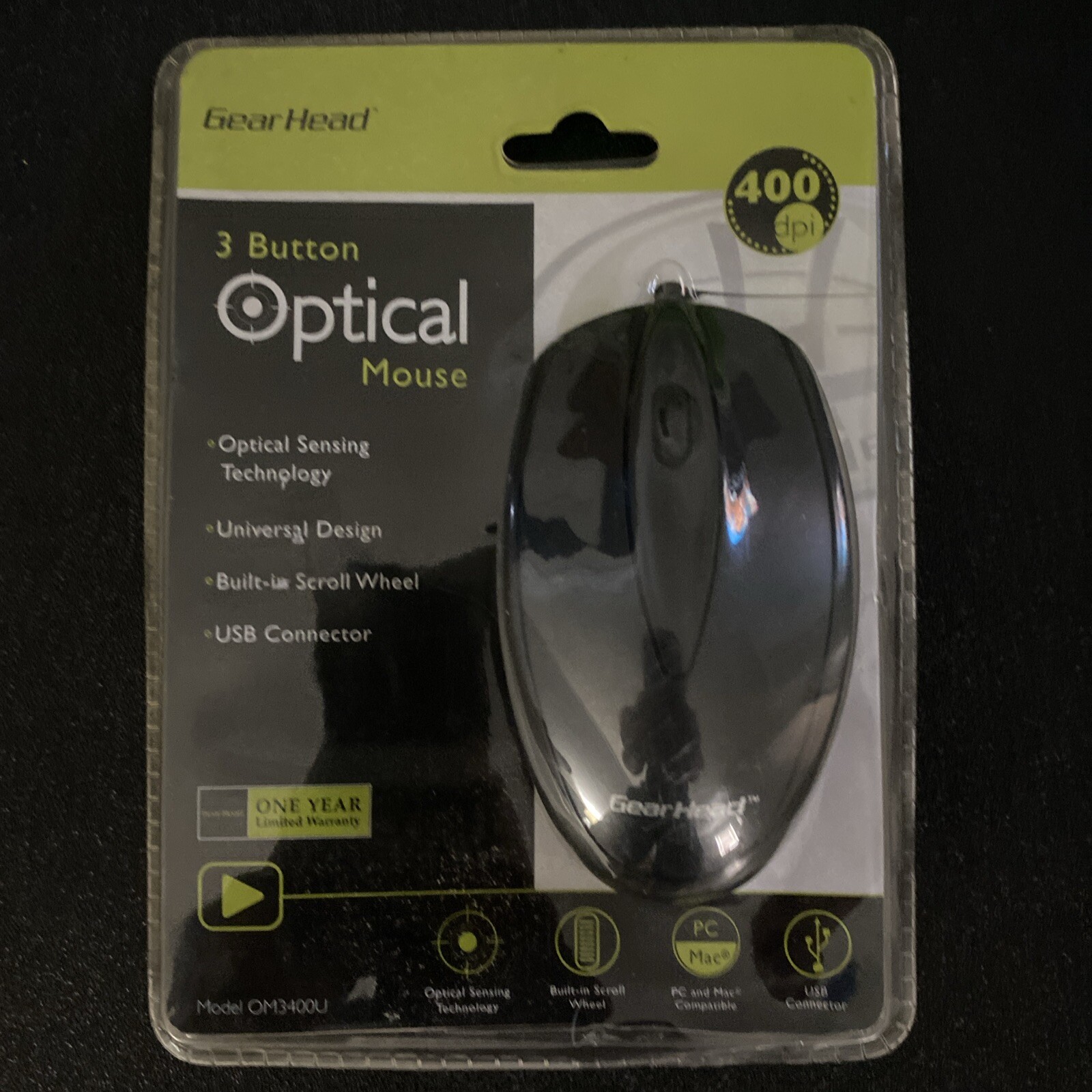 Gear Head 3 Button Optical Mouse Black USB Connector New