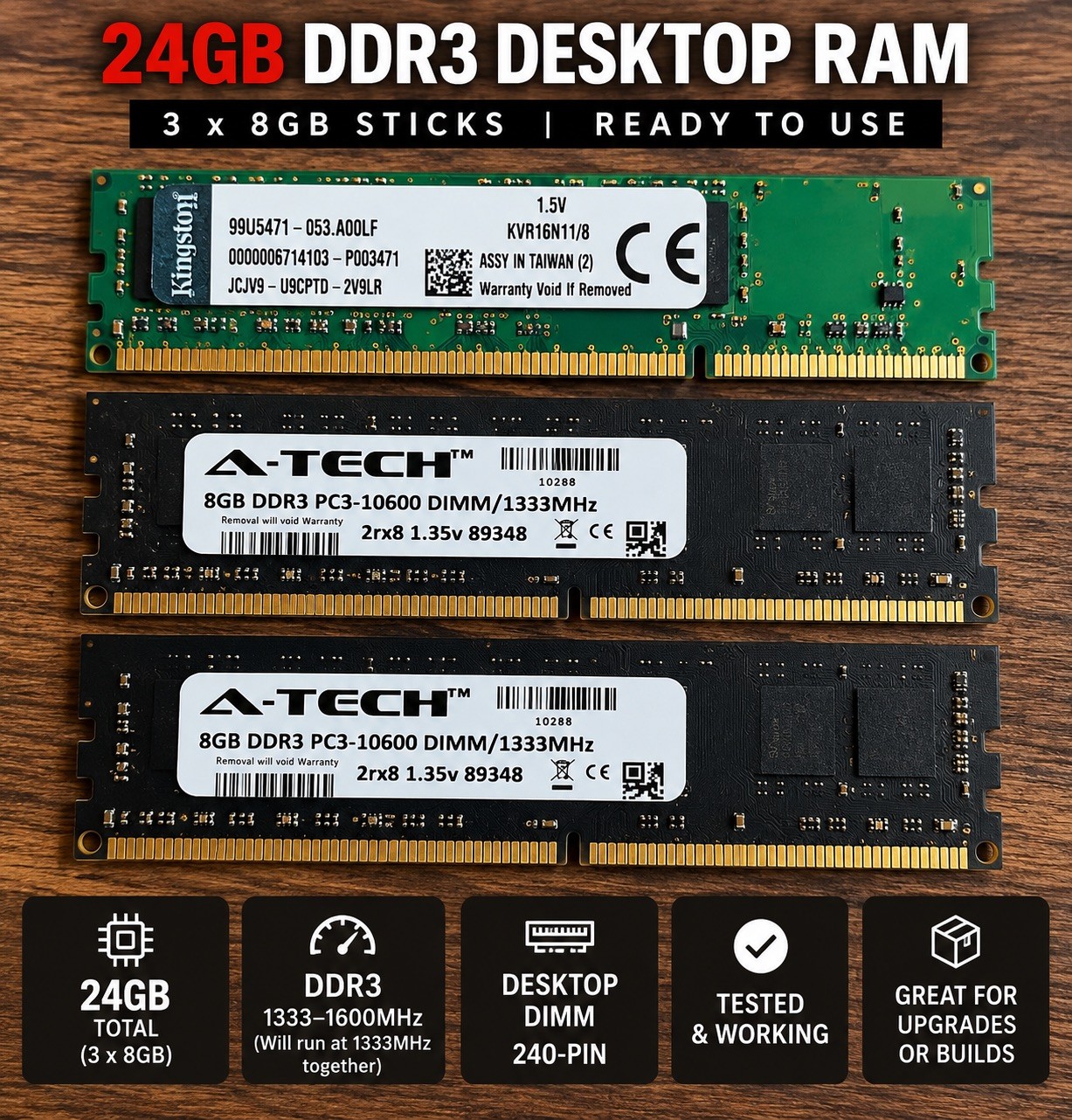 24GB DDR3 Desktop RAM – 3x 8GB Kingston & A-Tech DIMMs. 2x1300 mhz & 1x1600 mhz