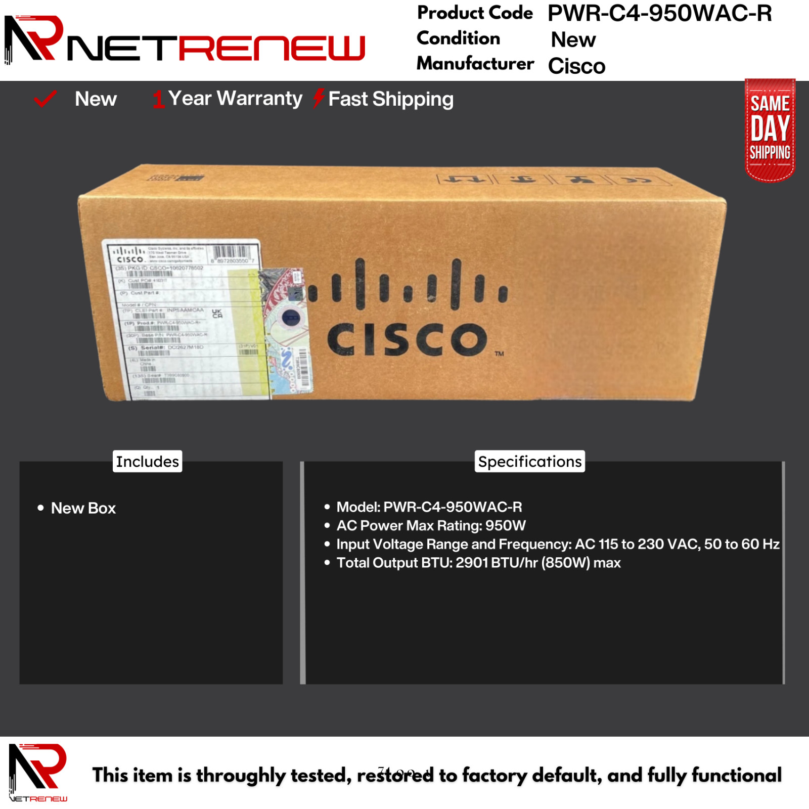 **New** Cisco PWR-C4-950WAC-R 950W AC Power Supply