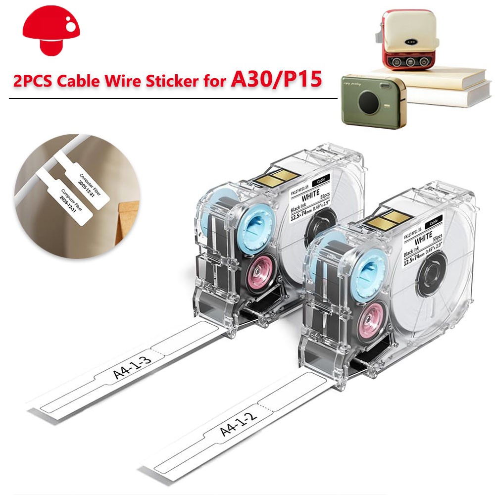 2-Roll Phomemo A30 P15 Cable Wire Label Tapes Black on White 3/8" x2 7/8"+1 3/8