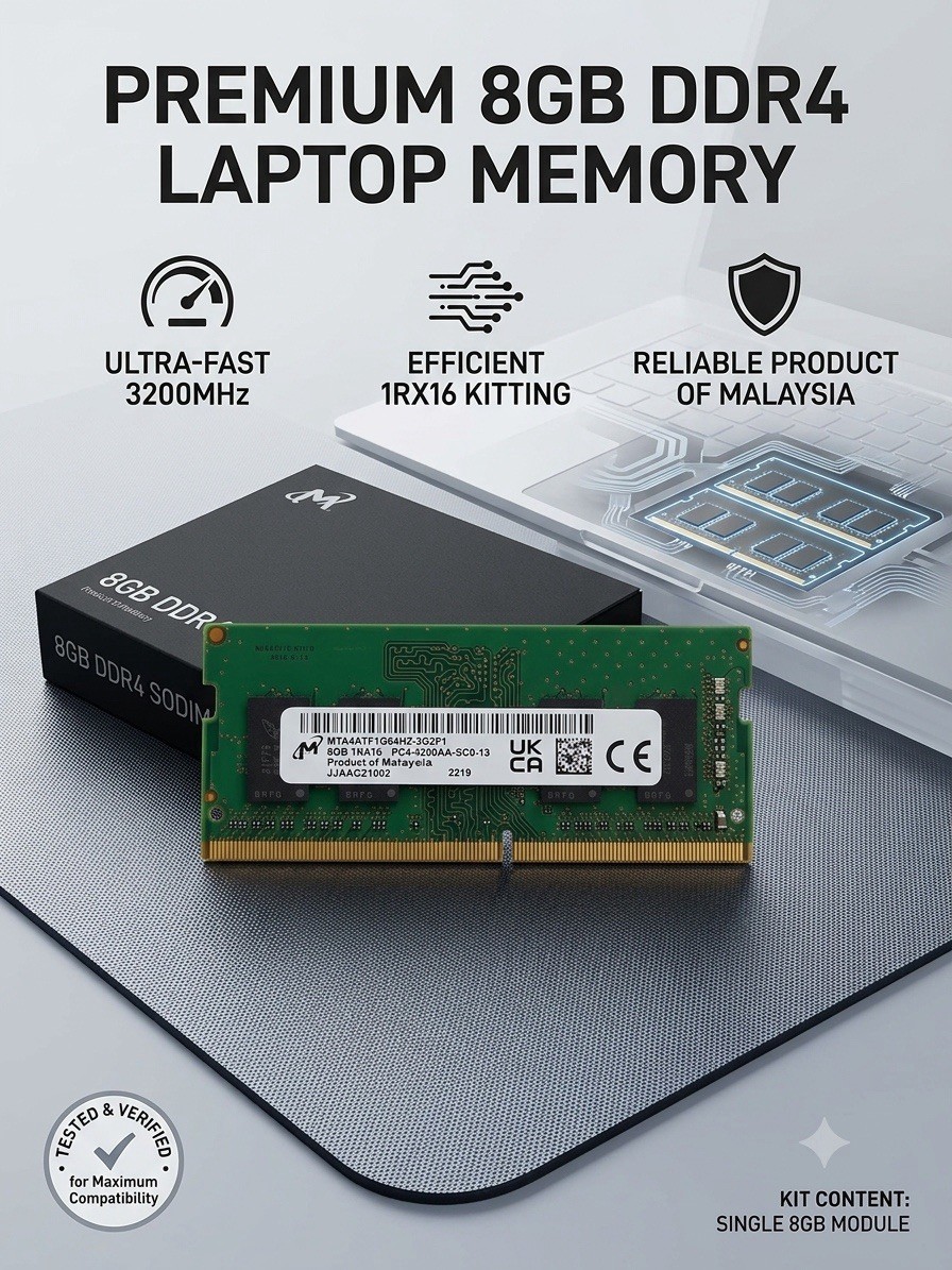 Micron 8GB DDR4-3200 PC4-3200AA 260-Pin SO-DIMM Unbuffered MTA4ATF1G64HZ-3G2P1