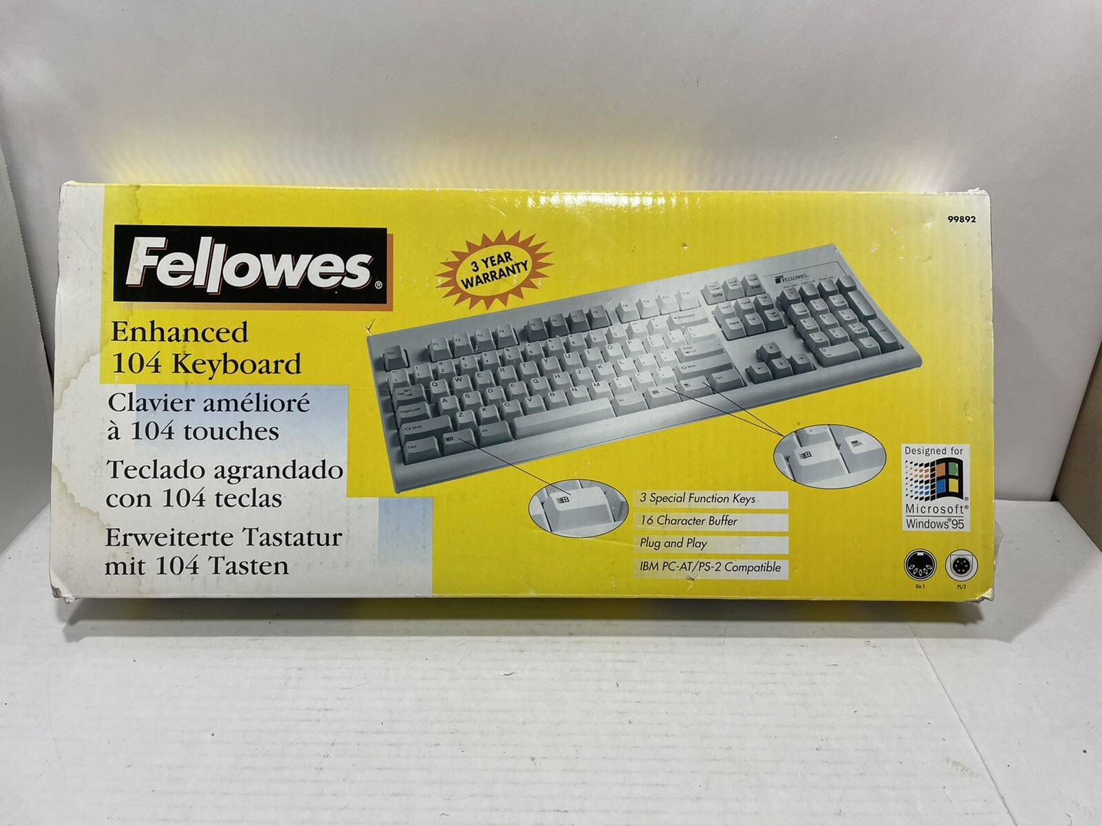 New in Box VINTAGE Fellowes 99892 Enhanced 104 Keyboard For Windows 95 NICE