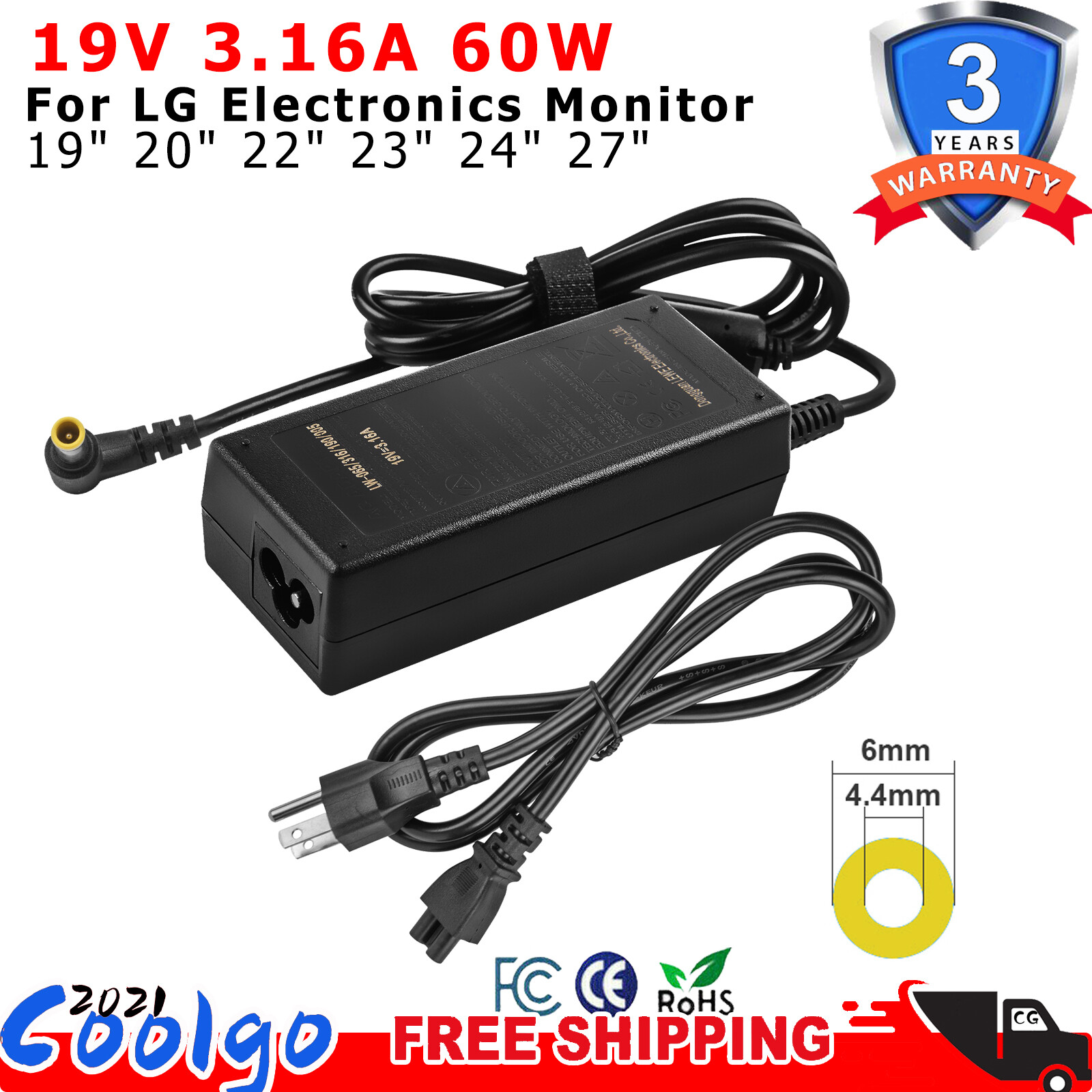 19V Adapter Charger For LG Electronics 19" 20" 22" 23" 24" 27" Monitor 6.5*4.4mm