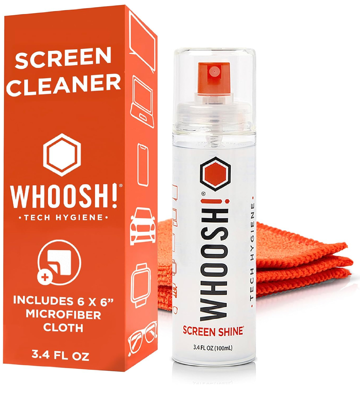 WHOOSH Screen Shine Go XL - 3.4 fl oz with Microfiber Cloth - Powerful Streak-F