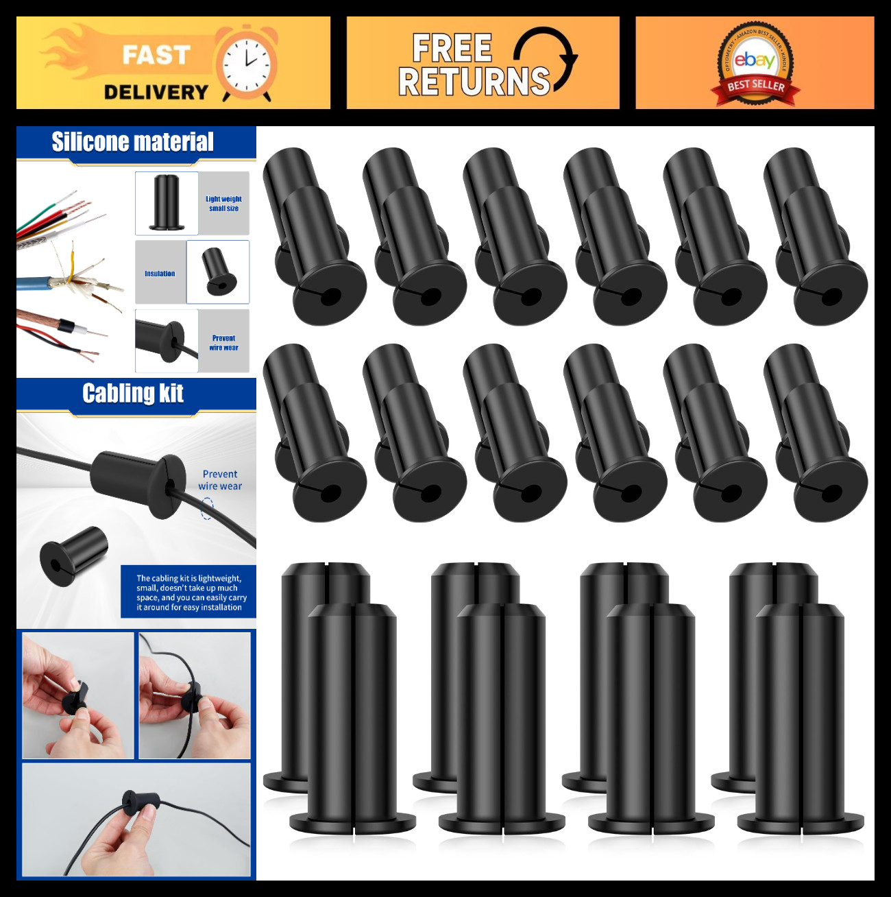 32pcs 3/4" Wall Grommets for Cables, Silicone Pass Through Bushing, Black 19mm