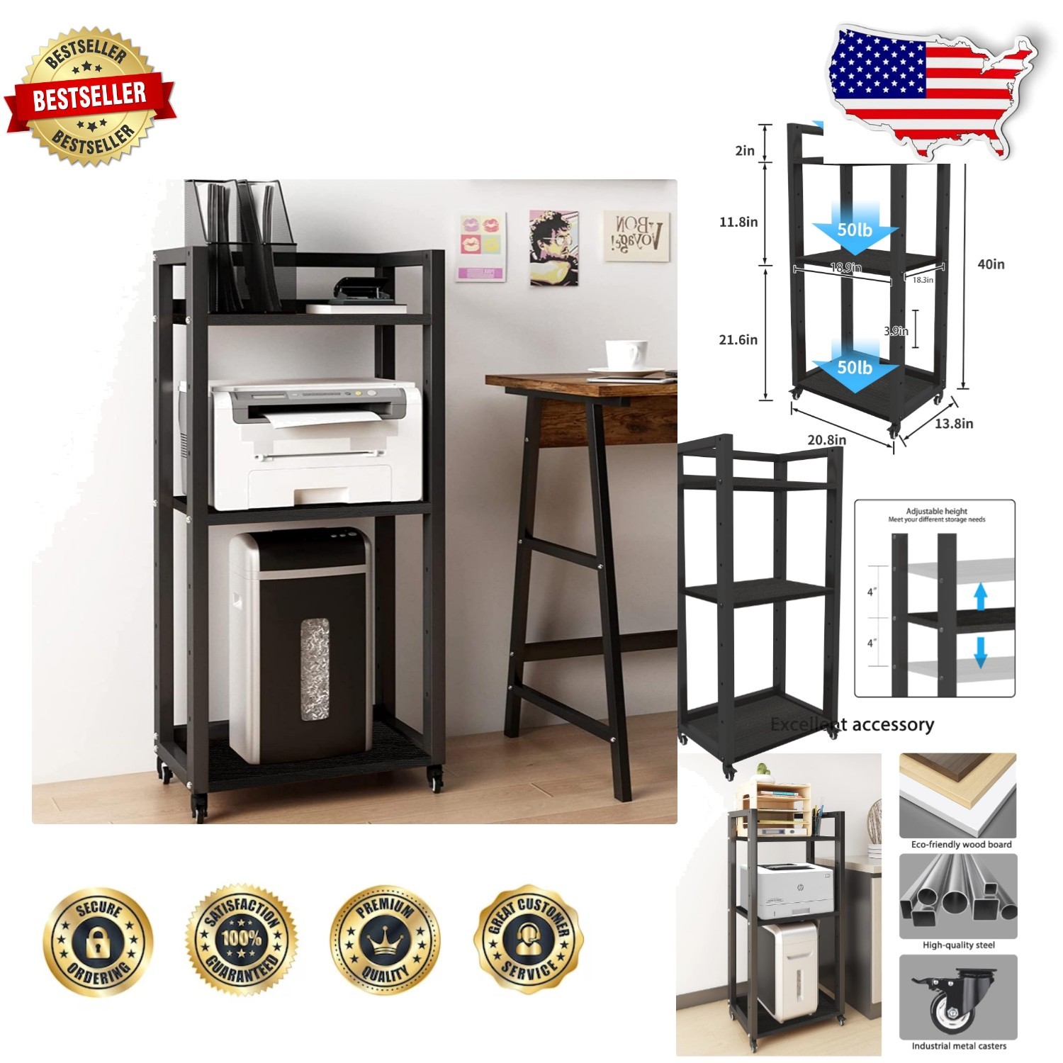 Modern 3-Tier Printer Stand, Adjustable Shelves, Portable Rolling Cart