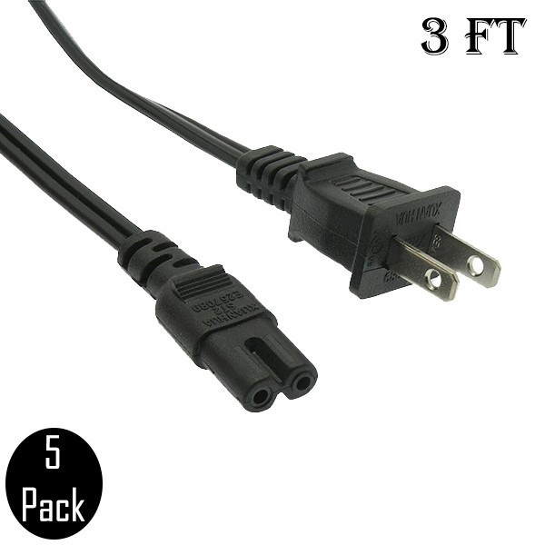 5 Pcs 3FT 18/2 Figure 8 Plug AC Power Cord Cable Slim 2-Prong 18AWG SJT Black