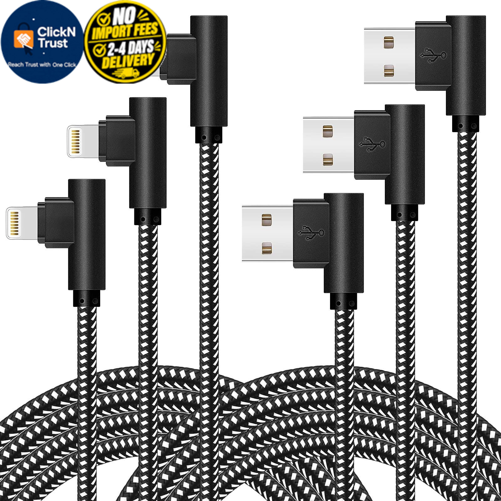 OCEEK 3Pack (3/6/10FT) USB A to Lightning Cable Right Angle BlackWhite