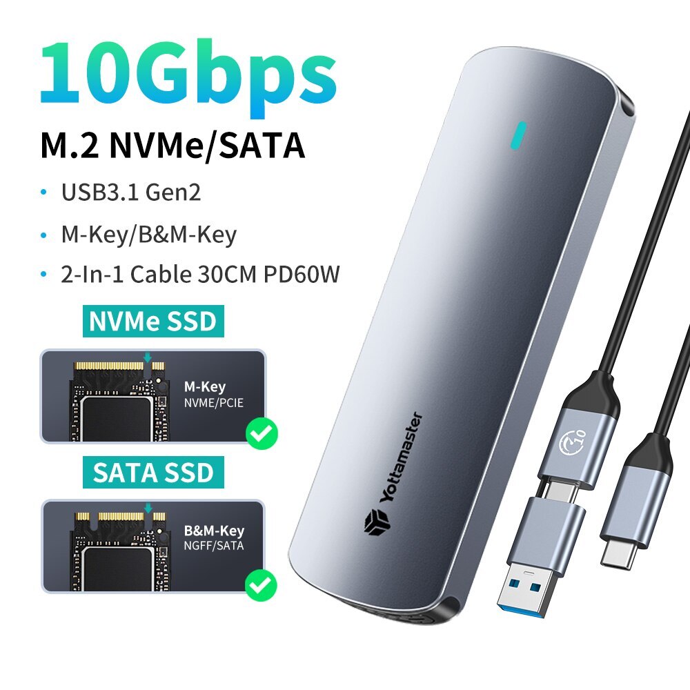 M.2 NVMe SATA SSD Enclosure Caddy USB 3.2 Type C M2 PCIe NGFF Adapter Tool-Free