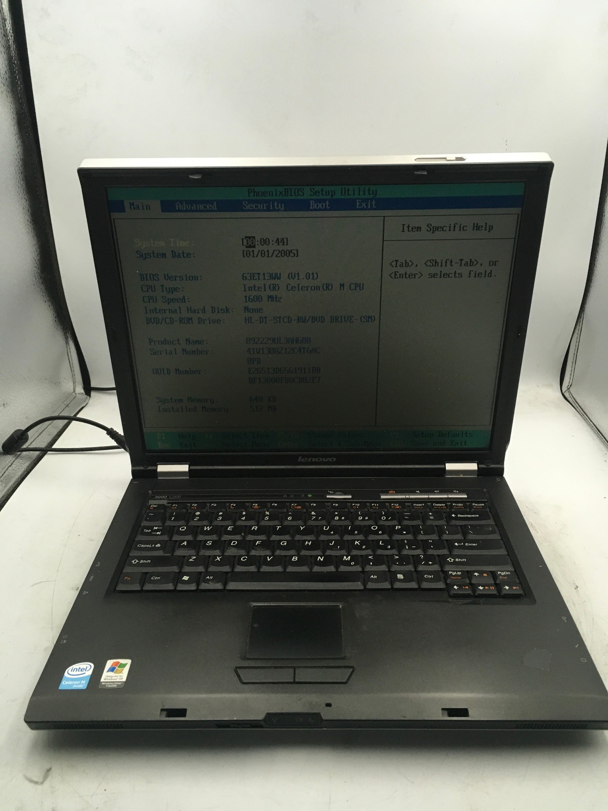 LENOVO 3000 C200 - BOOTS TO BIOS - INTEL CELERON M - 512MB RAM - READ DESC - BB
