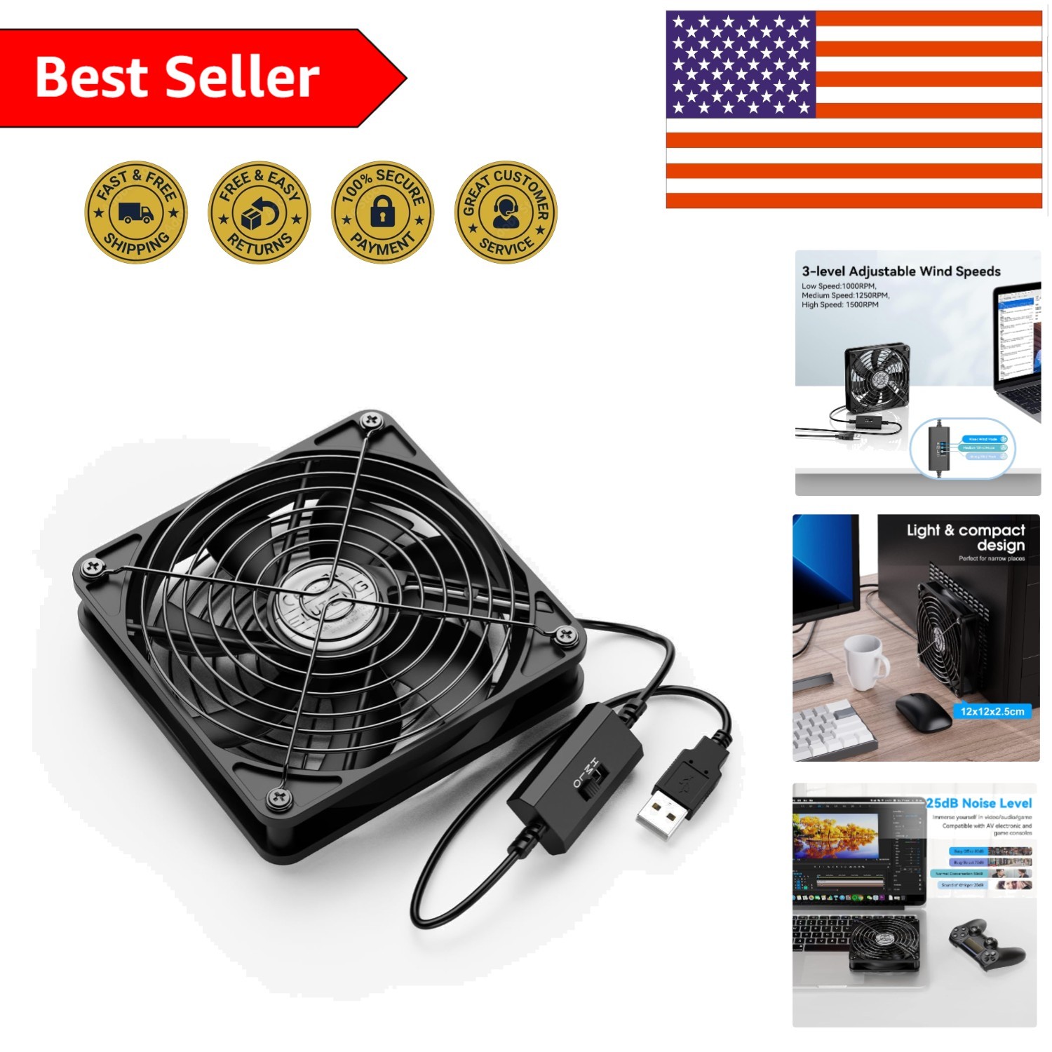 Efficient 120mm USB Powered Fan - 3 Speed Control, Ultra Quiet for Electronics