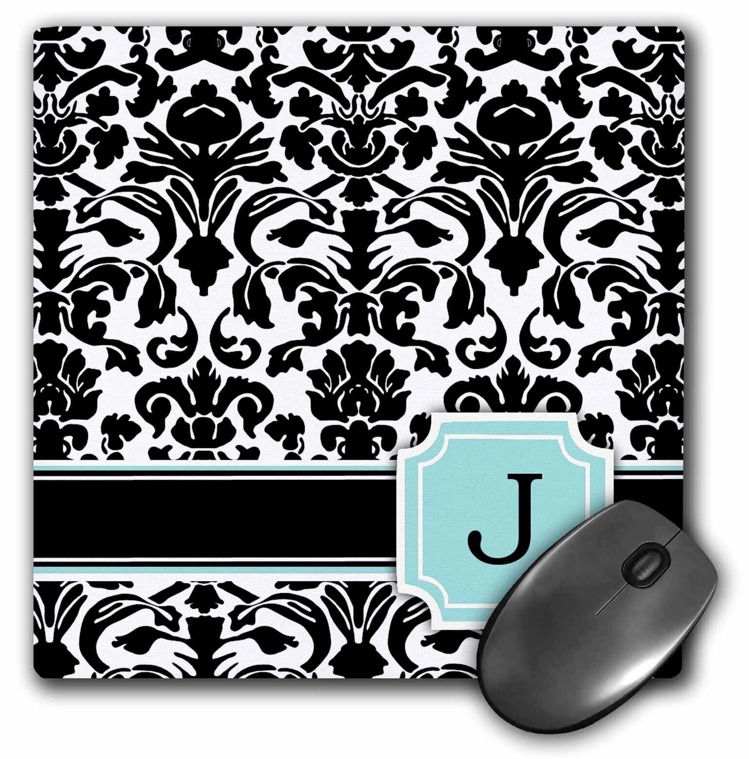 3dRose Letter J personal monogrammed mint blue black and white damask pattern -