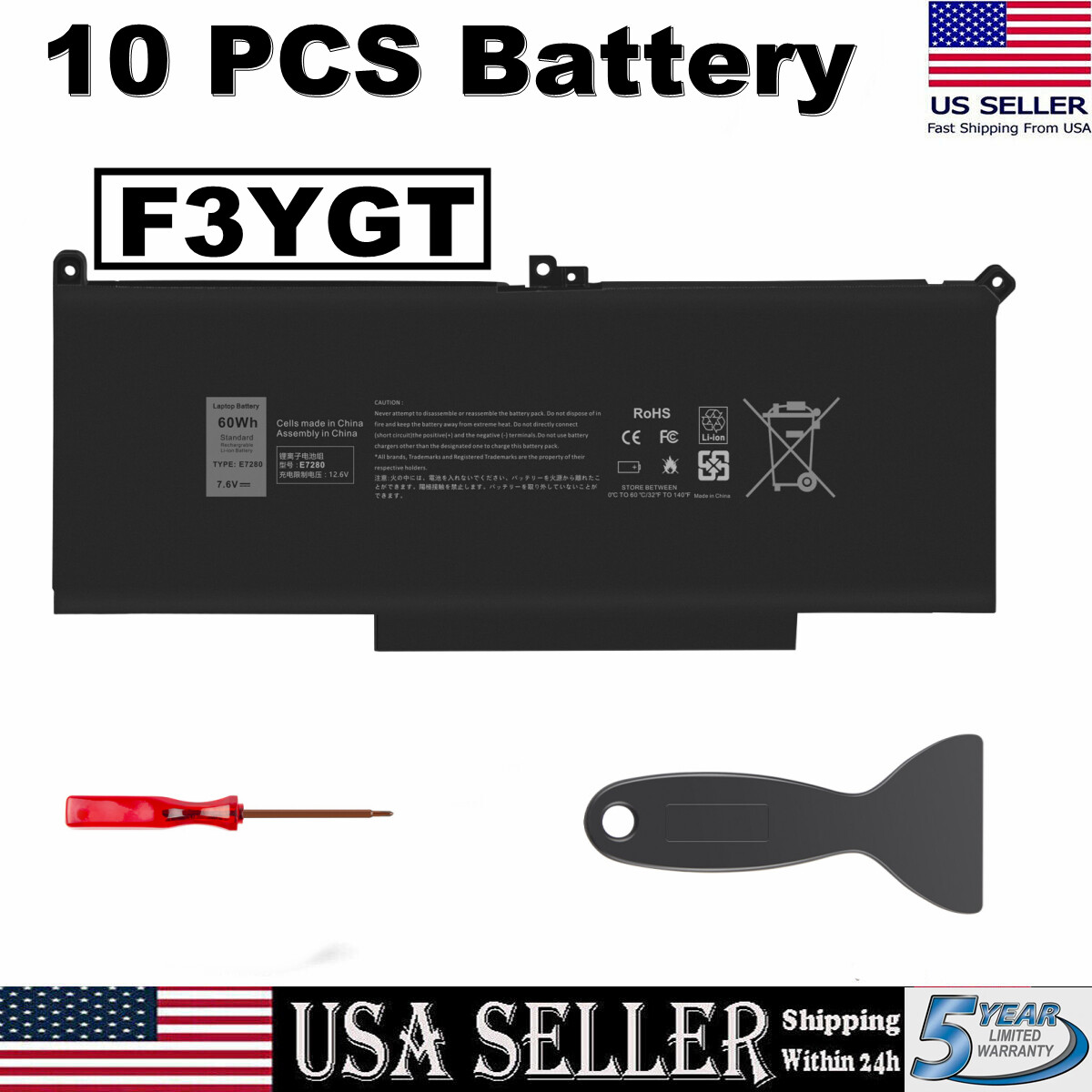 LOT 10x F3YGT Battery For Dell Latitude 12 13 14 E7280 E7480 7480 7490 7380 7390
