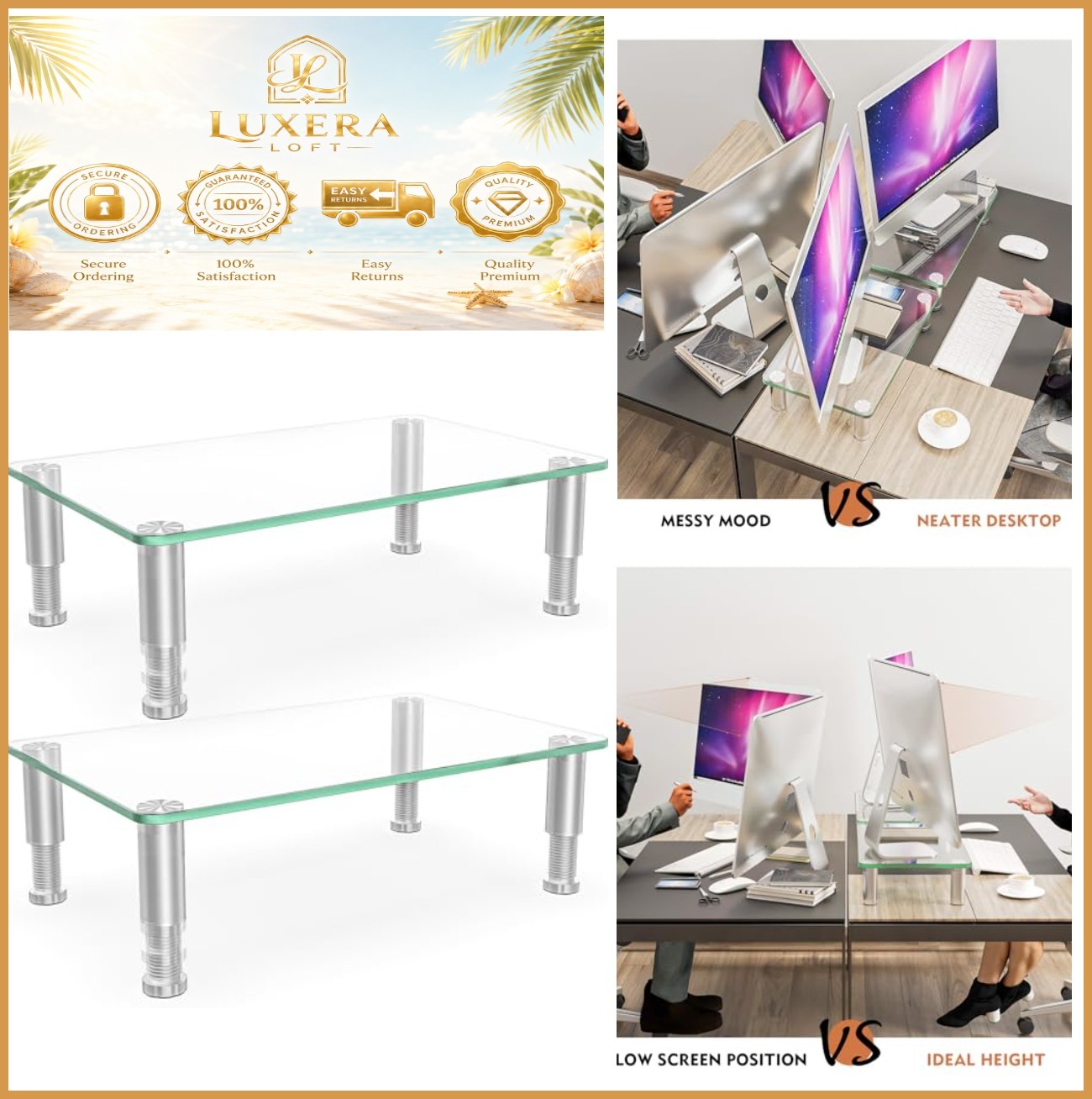 Monitor Riser 2 Pack Height Adjustable Tempered Glass Stainless Steel Legs Tilt