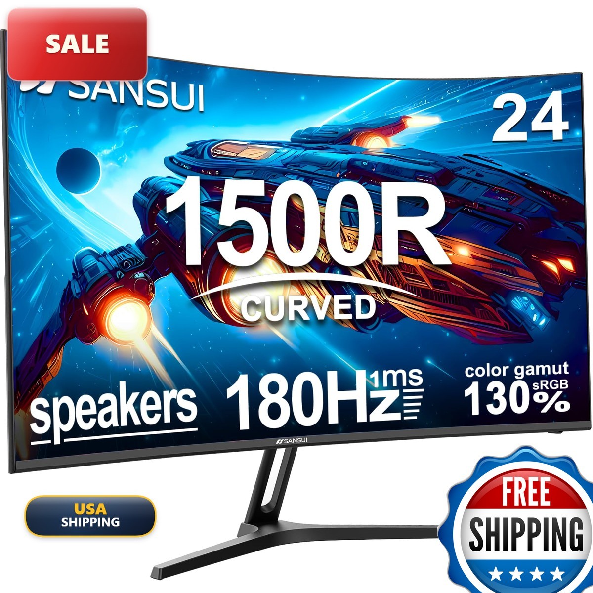 SANSUI ES-G24C1-US 24 Inch Curved Gaming Monitor 160Hz 1ms