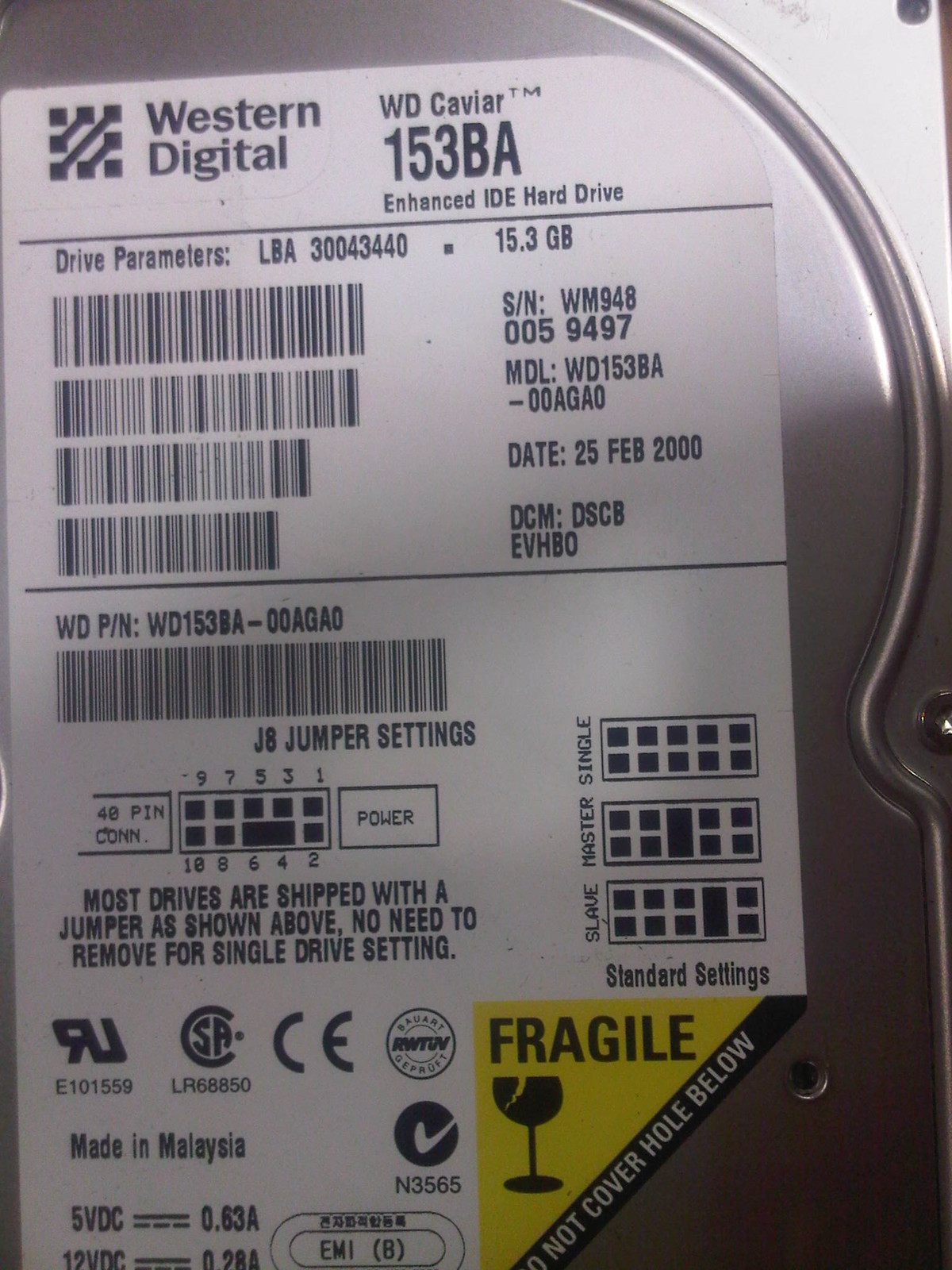 Western Digital WD WD153BA-00AGA0 IDE HARD DISK DRIVE DCM: RSBH EVHH0