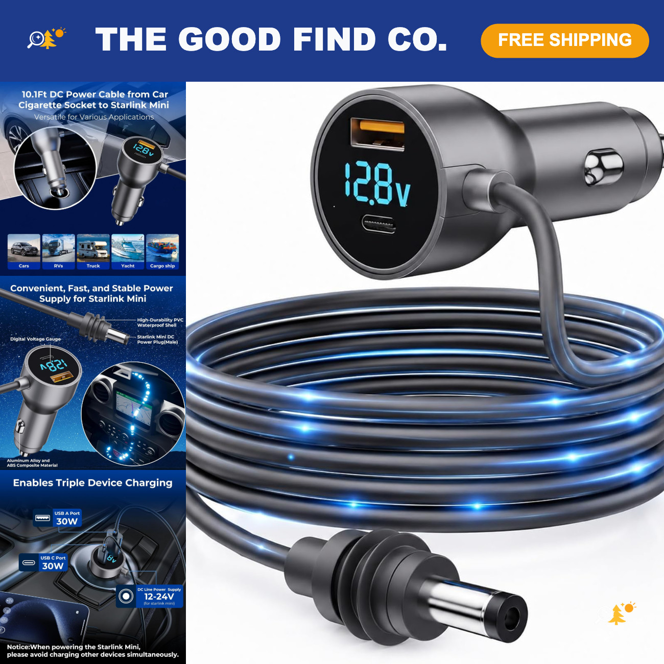 3-in-1 Car Power Adapter, 12V-48V Cigarette Lighter Charger, USB & DC Supply 10.