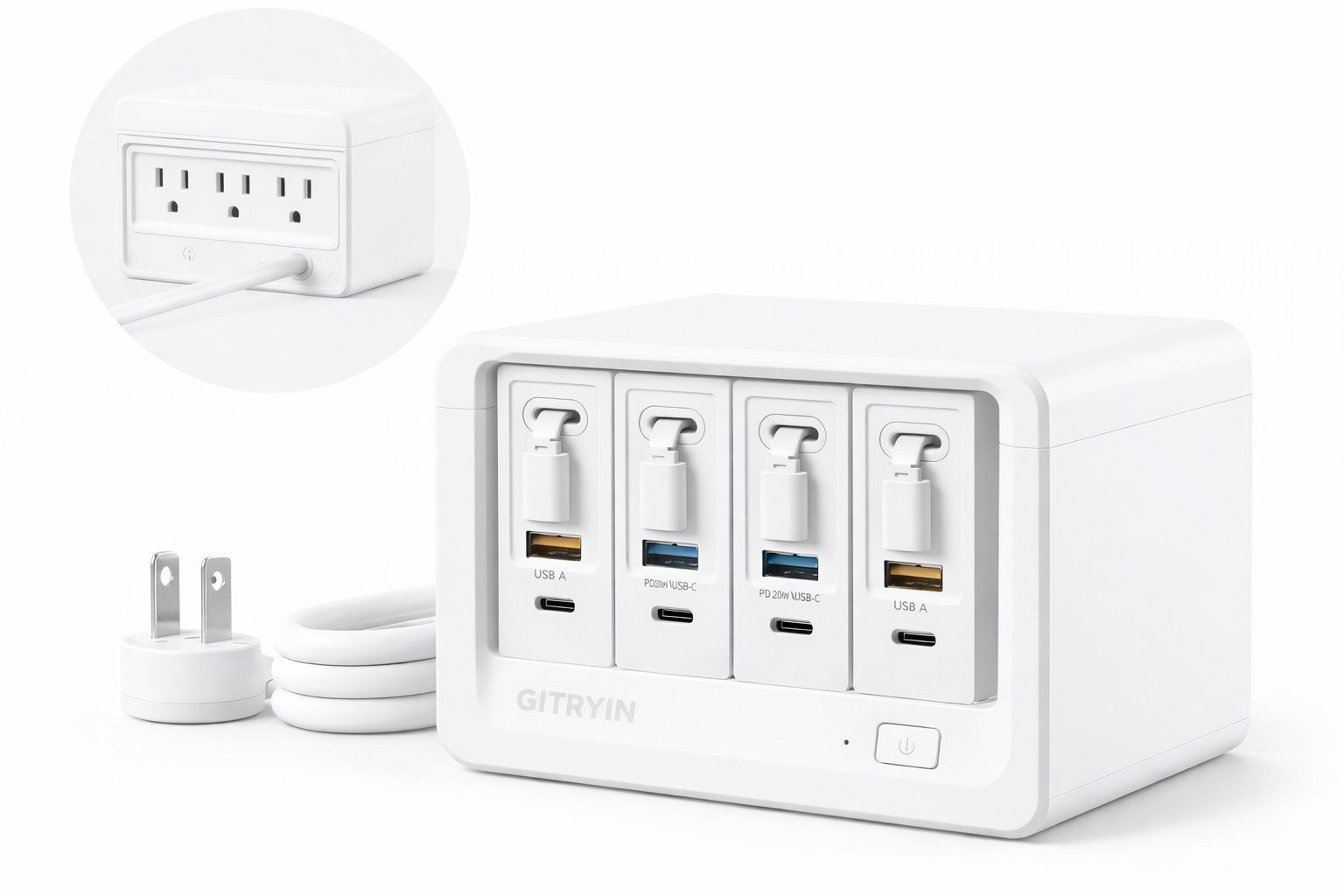Gitryin Multi-Device Desktop Charging Station with Retractable Wall Chargers