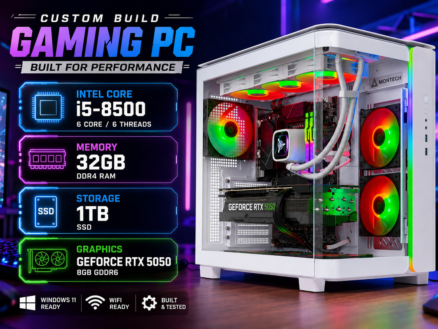 Custom Build ARGB Desktop 8th Gen PC 32GB RAM 1TB NVMe RTX5050 Win11 GAMING Wifi