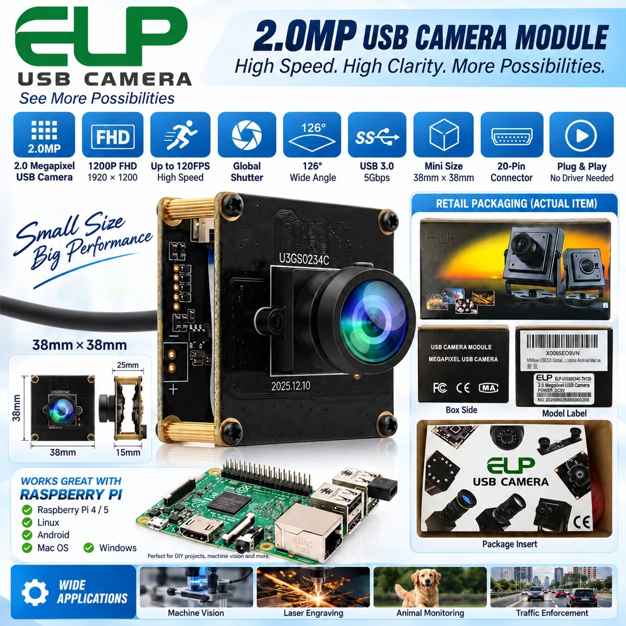 ELP U3GS0234C-TH120 1200P 120FPS USB3.0 Global Shutter AR0234 Camera Module 126°