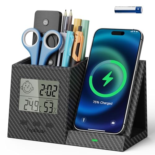 Wireless Charger with Pen Remote Holder, Multi-Functional Black Carbon Fiber