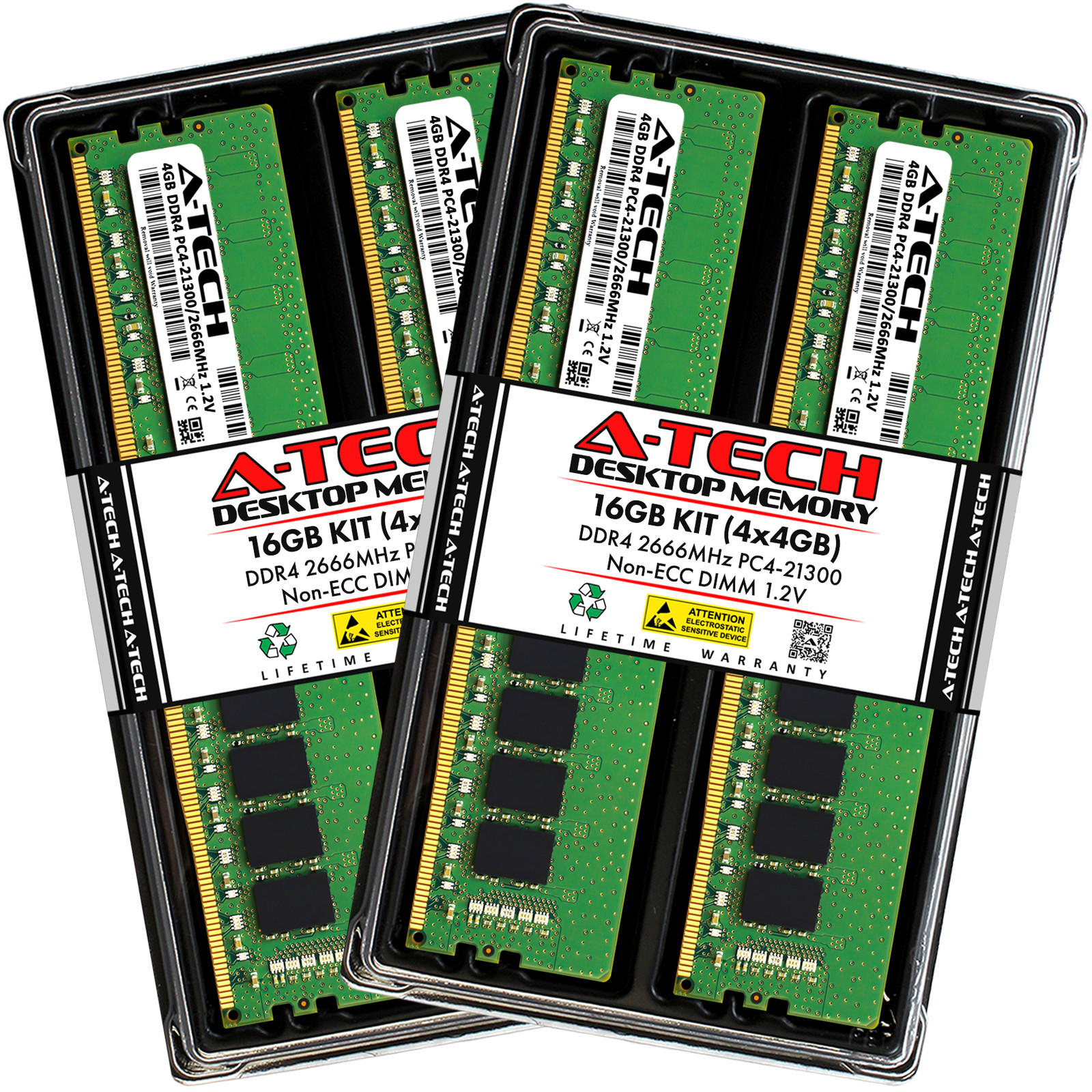 A-Tech 16GB 4x 4GB DDR4 2666 PC4-21300 Desktop 288-Pin DIMM Memory RAM Kit 16G