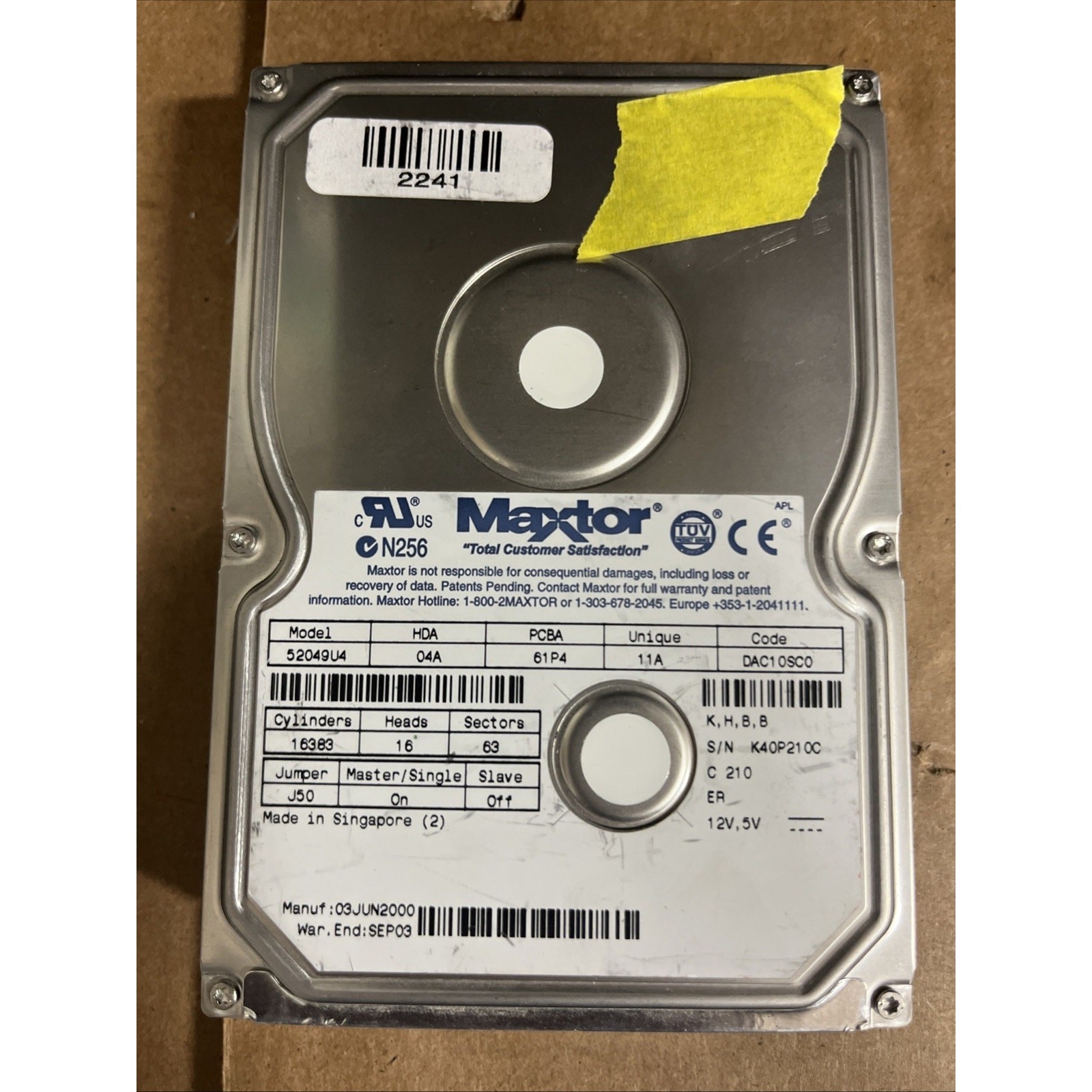 Maxtor 52049U4 20GB IDE 3.5" HDD 7200RPM 2MB Cache