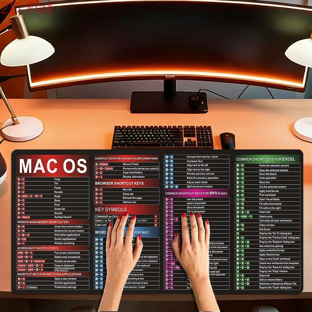 2D Flat MAC OS Shortcut Key Mouse Pad - Cheat Sheet Desk Mat Large Gaming Mous