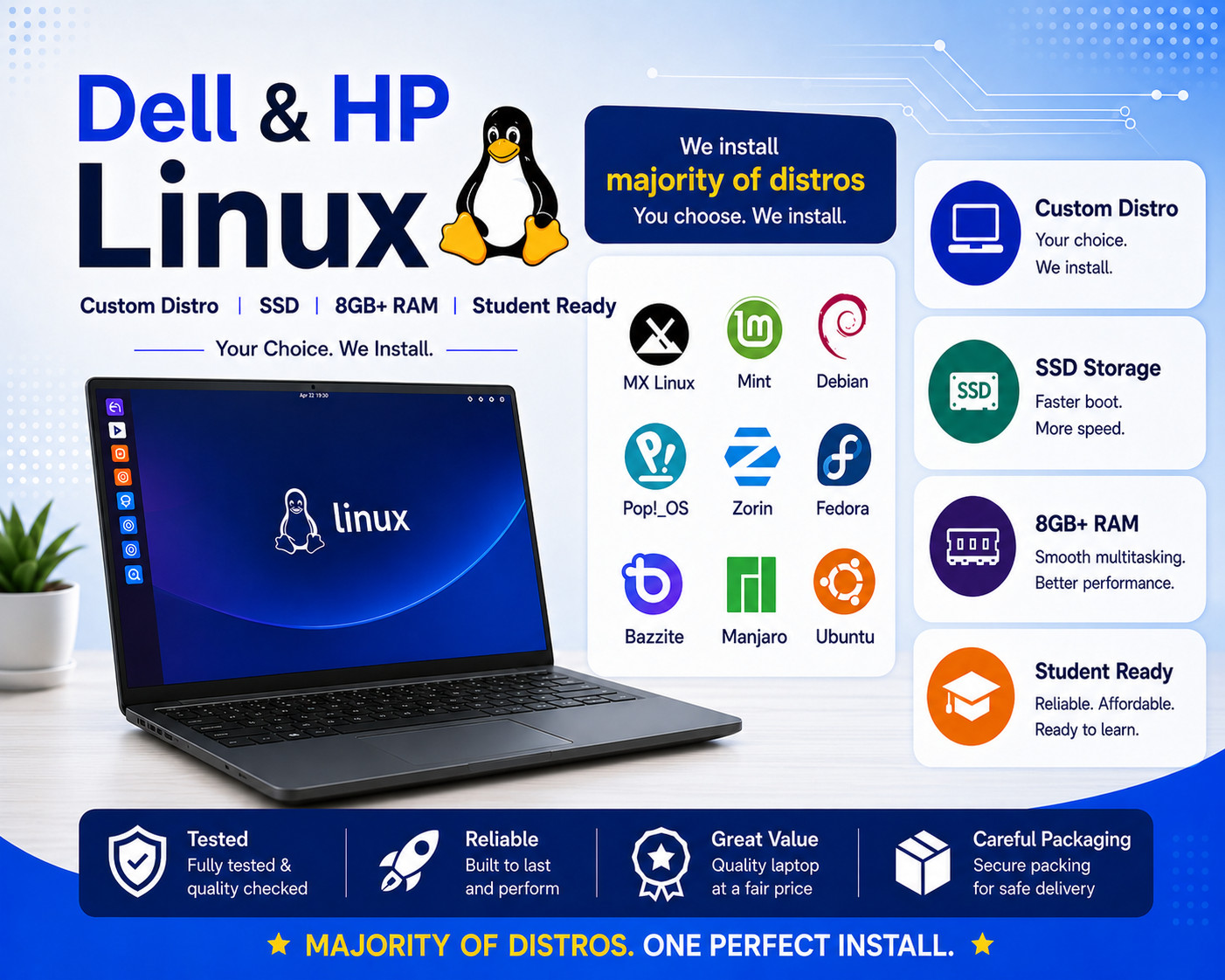 HP or Dell Linux Laptop 🐧 Custom Distro | SSD | 8GB+ RAM | Student Ready