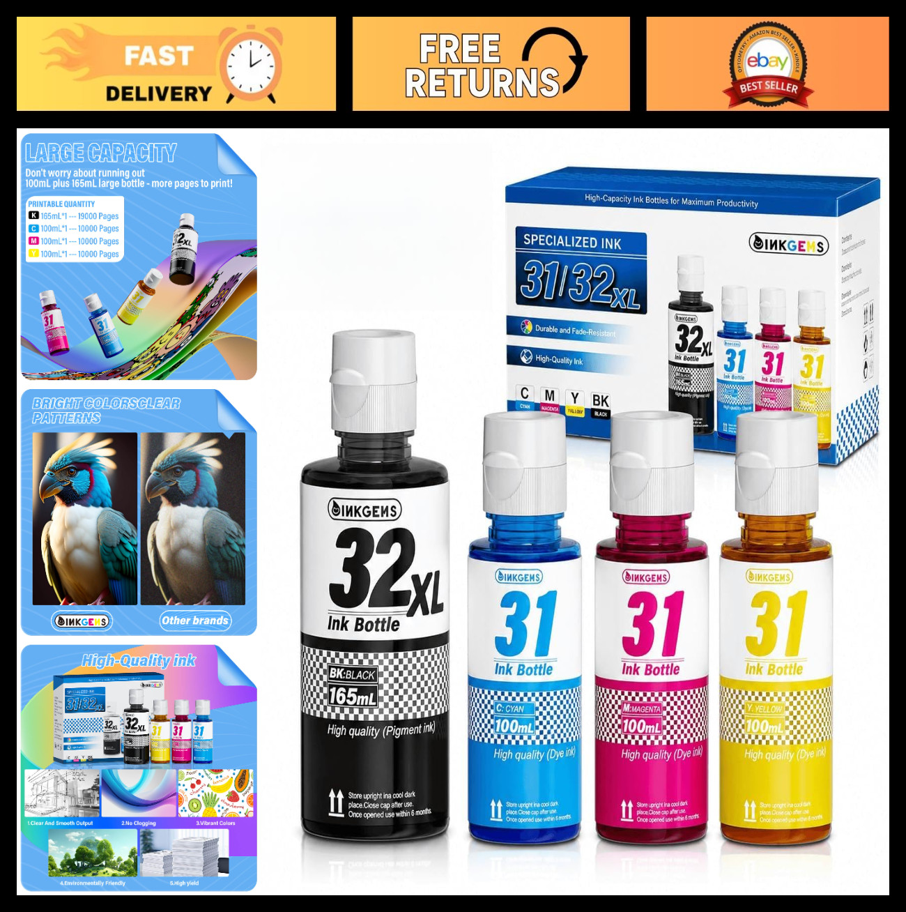 Ink Bottle Refill Set for HP Smart Tank 7600 7300 5000 6000 Printers - Black CMY