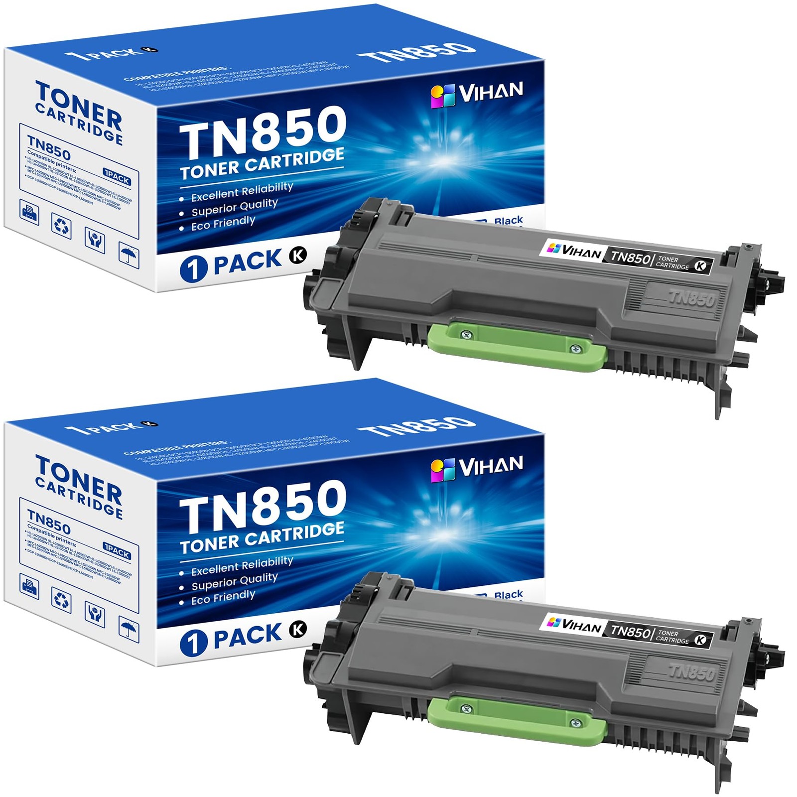Vihan TN850 TN-850 Black High Yield Toner Cartridge 2 Pack New for Brother
