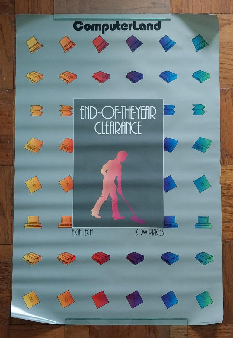 1983 Vintage ComputerLand Clearance Sale Poster 24x36 floppy discs PCs w/janitor