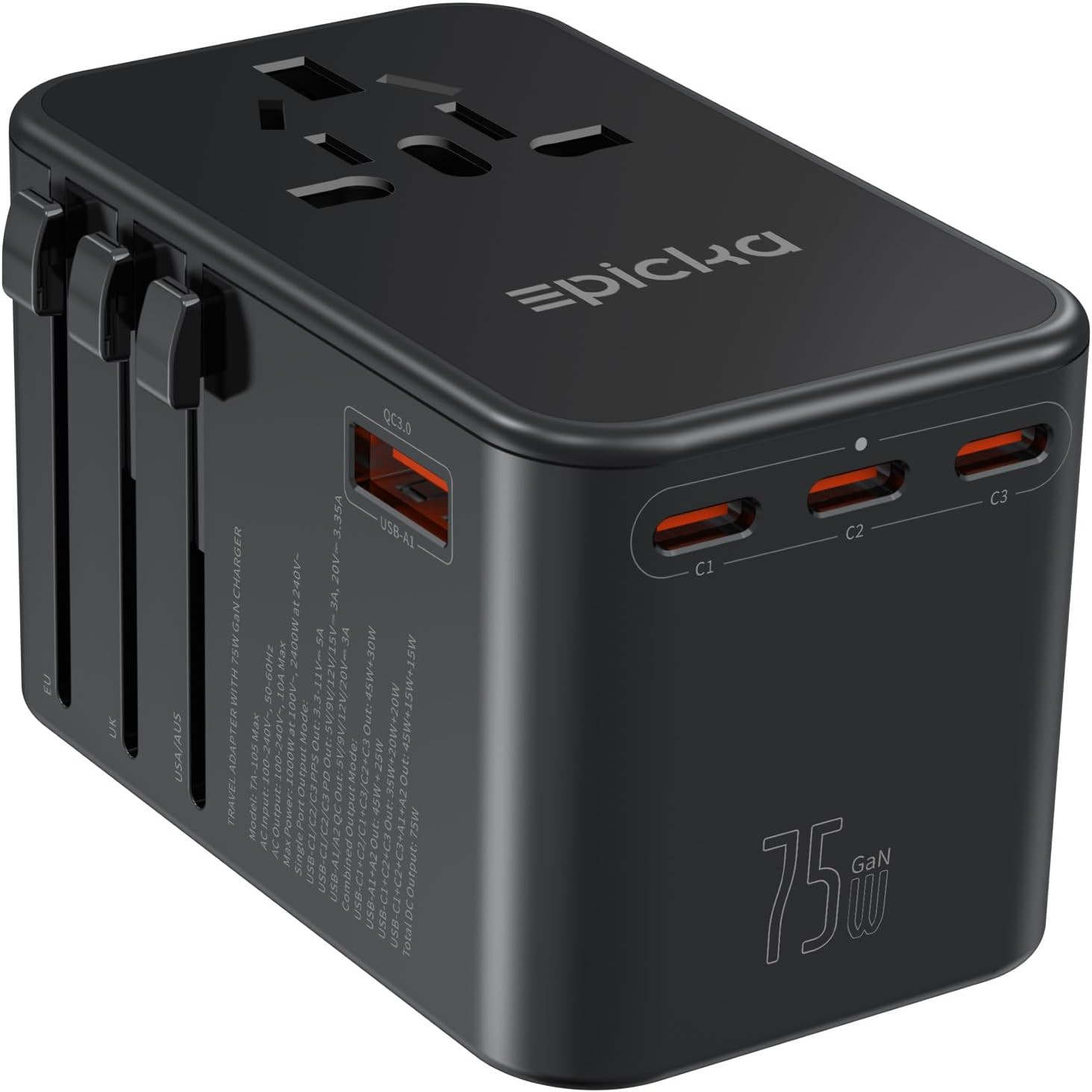 75W Gan PD Universal Travel Adapter, 3USB-C/2USB