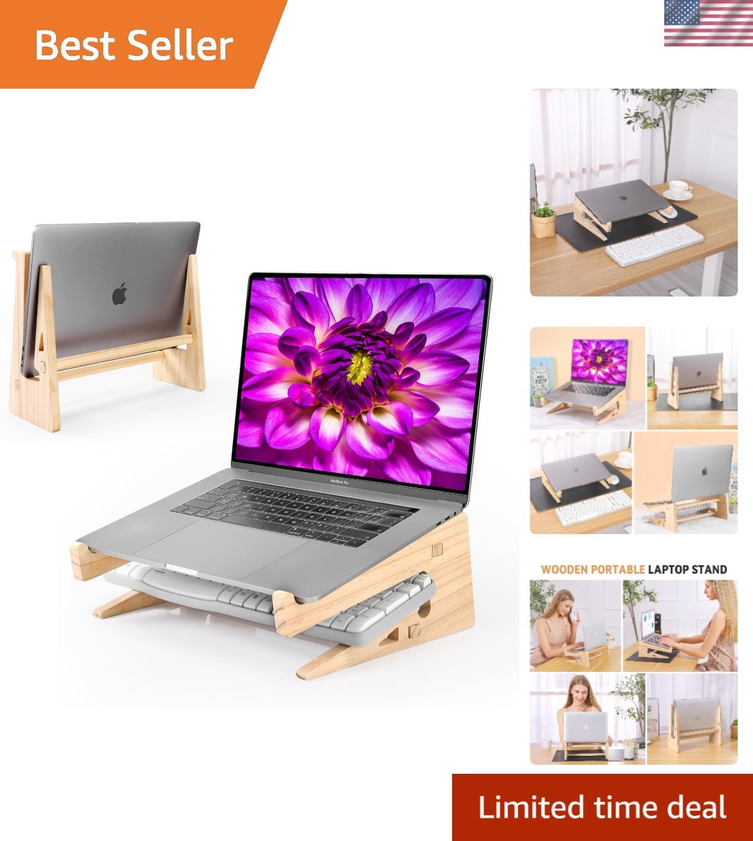 Ergonomic Wooden Laptop Stand with Keyboard Storage - 13-17 Inch Compatibility