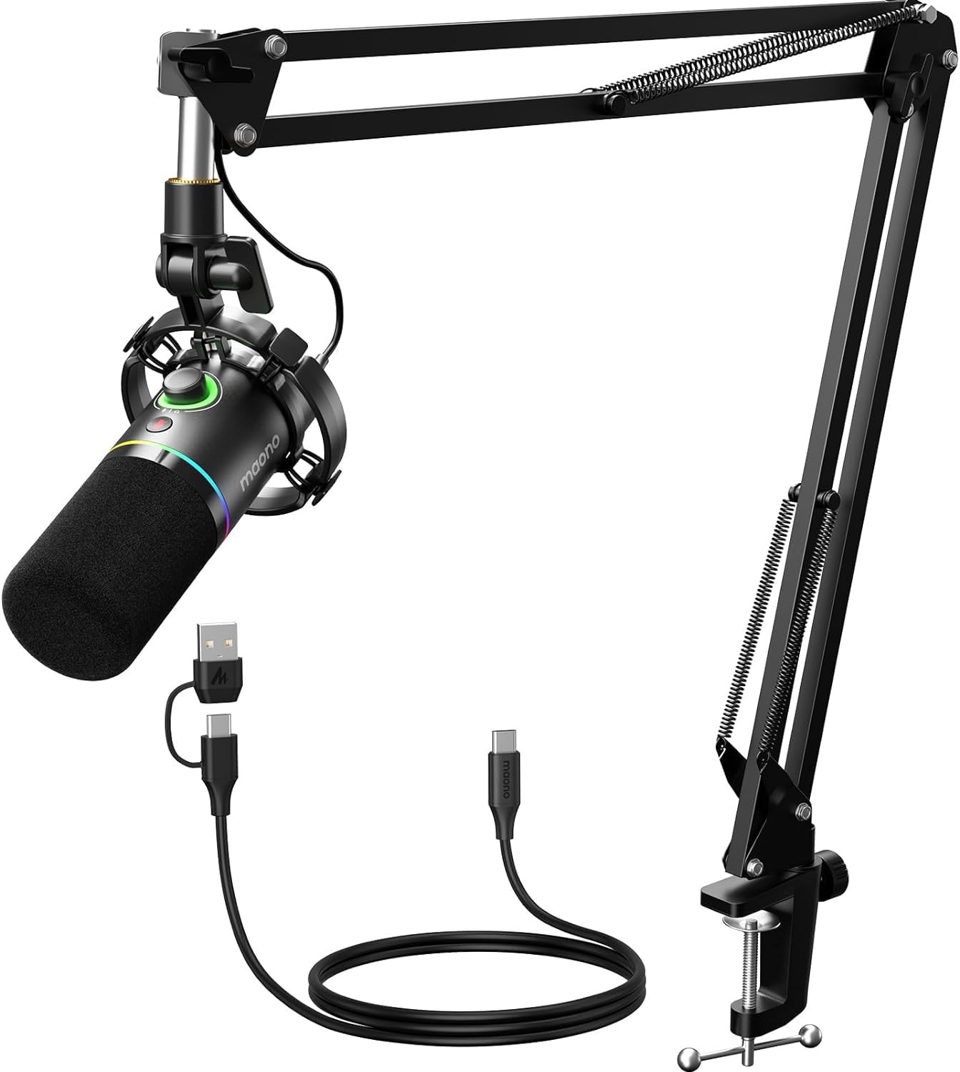 MAONO XLR/USB Dynamic Microphone Kit, RGB Podcast PD200 mit Boom Arm, Black