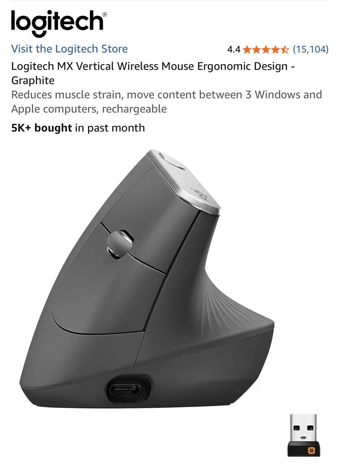 Logitech MX Vertical Wireless Mouse Ergonomic Design - Graphite
