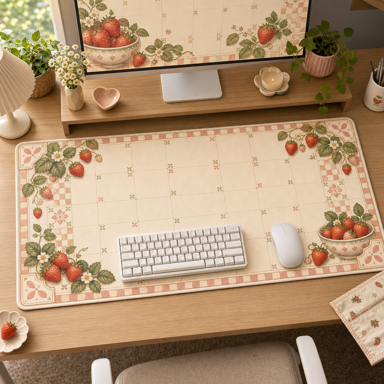 Cream Strawberry Cafe Tile Gaming Mouse Pad Desk Mat 36x18