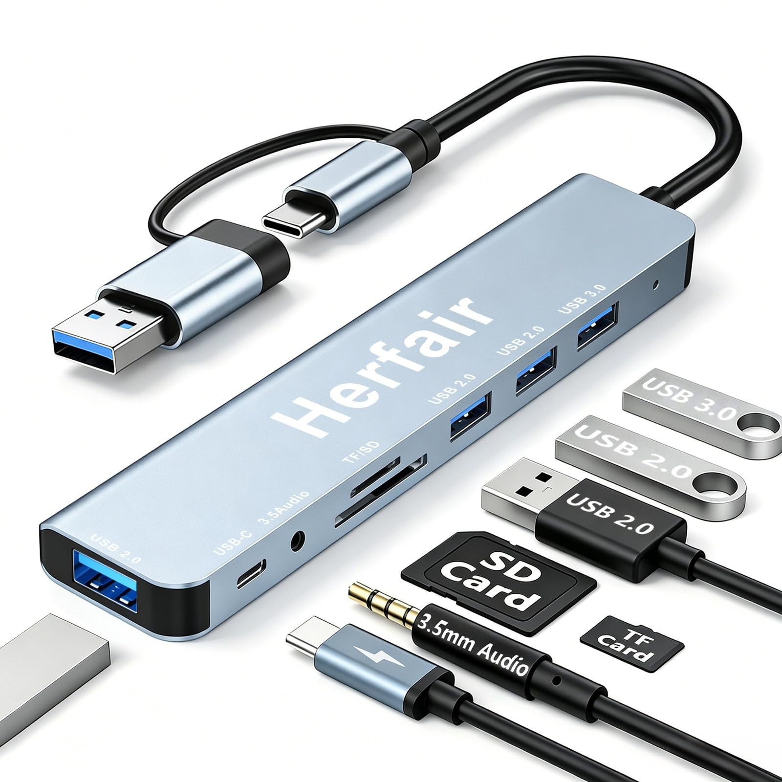 USB Hub 3.0 USB C Hub with SD Card Reader Audio Jack 8 in 1 USB Extender Spli...