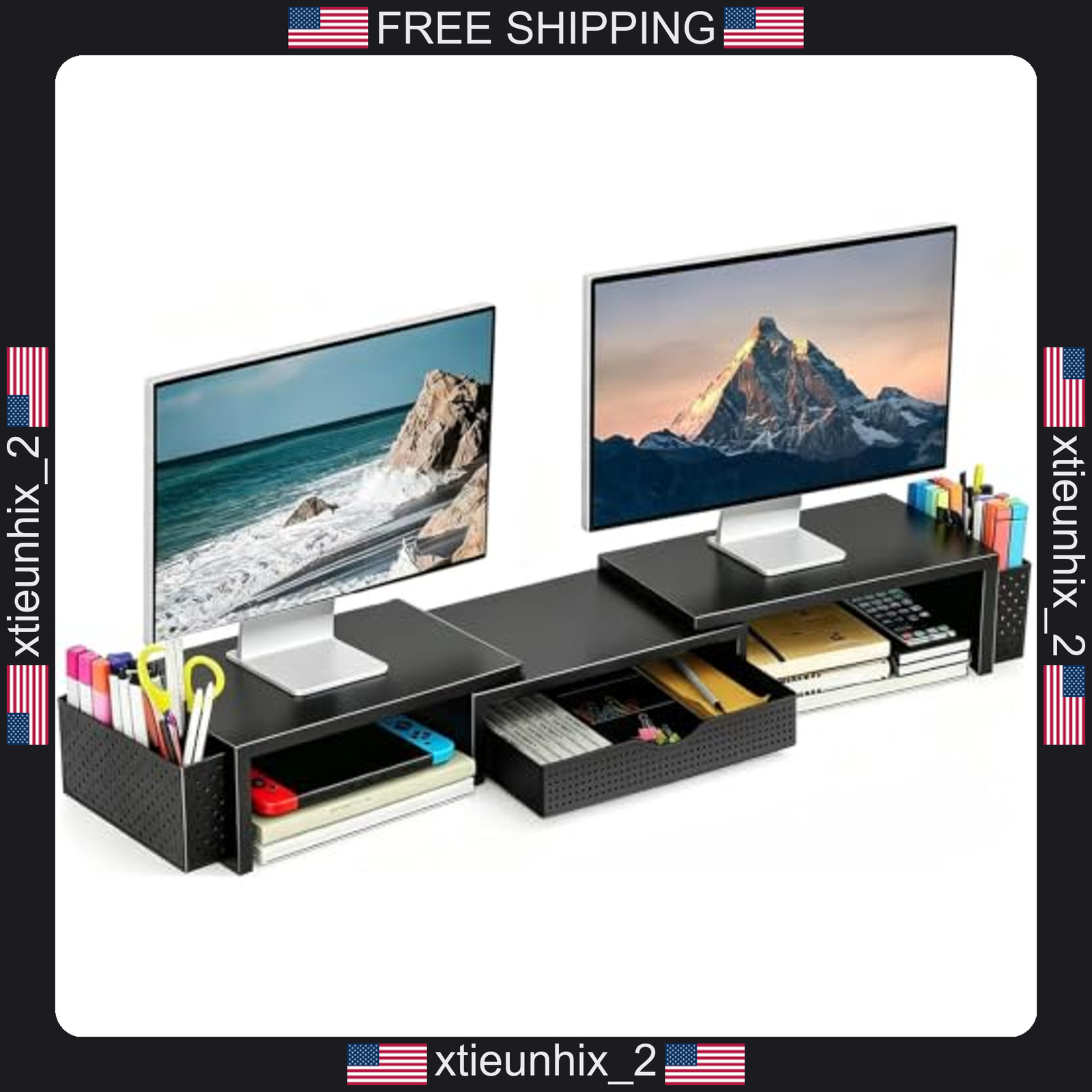 Dual Monitor Stand Riser with Drawer and Pen Holders, Adjustable Length