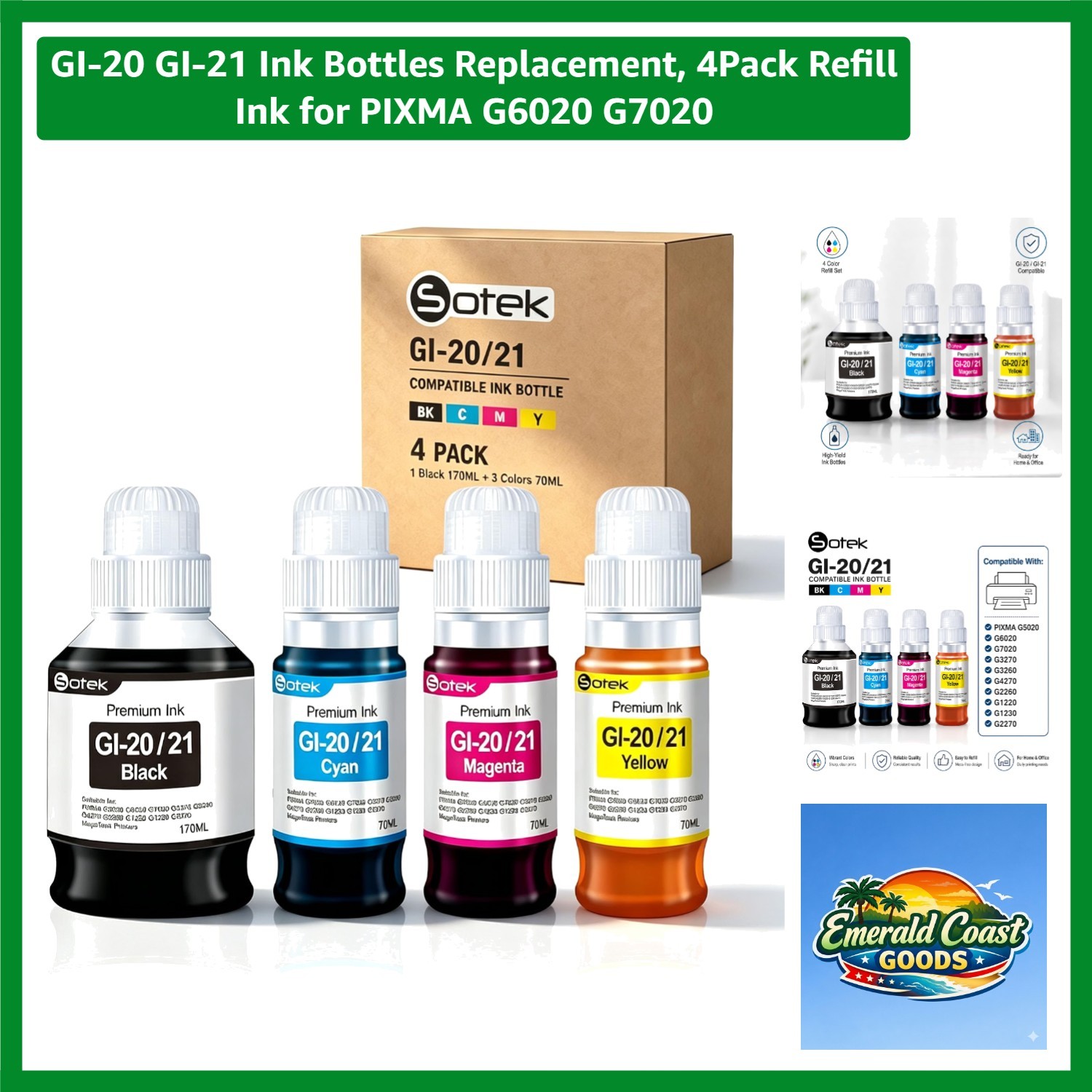 GI-20 GI-21 Ink Bottles Replacement, 4Pack Refill Ink for PIXMA G6020 G7020