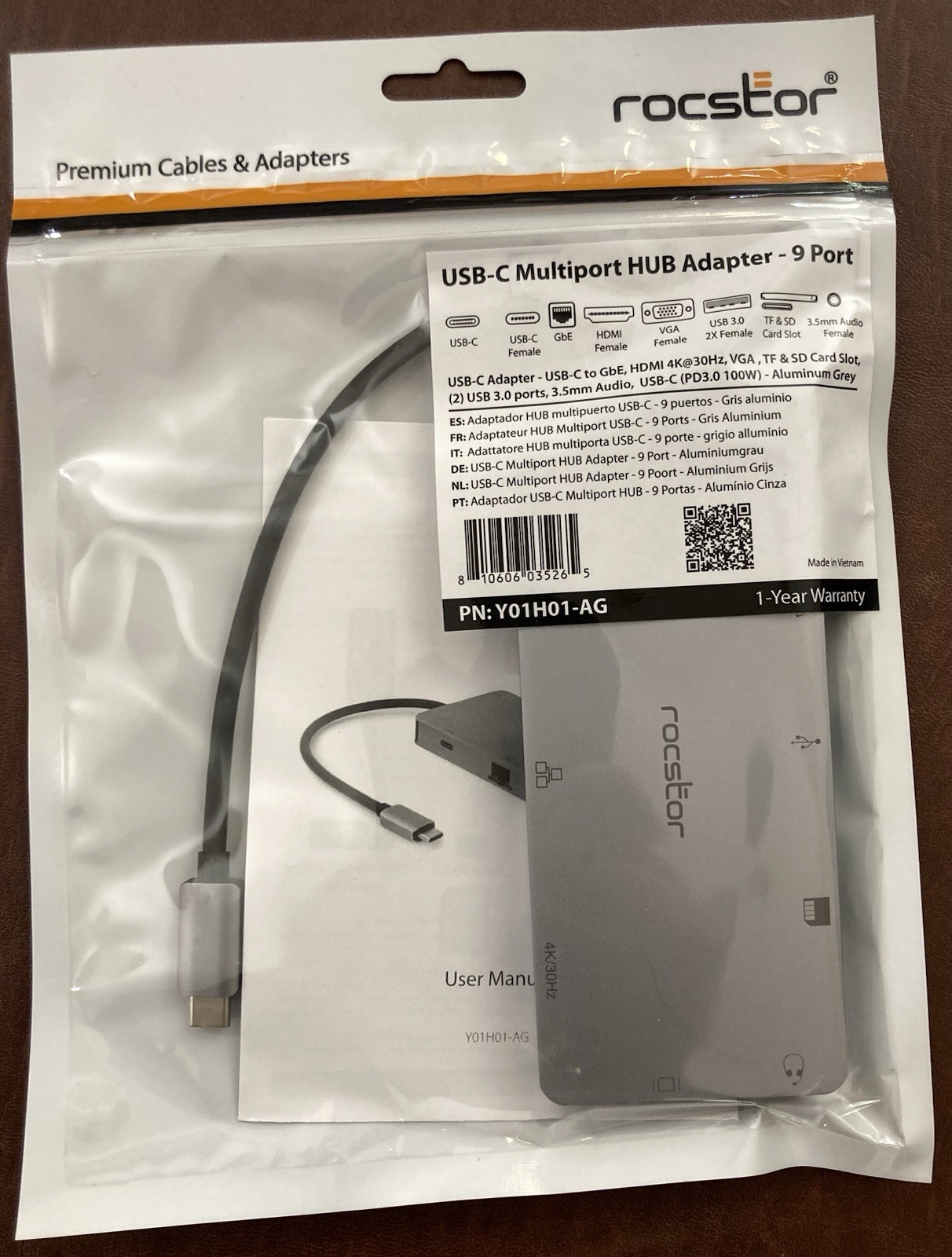 Rocstor USB-C 9-Port Hub HDMI VGA RJ45 2x USB 3.0 SD/TF Gray Y01H01-AG