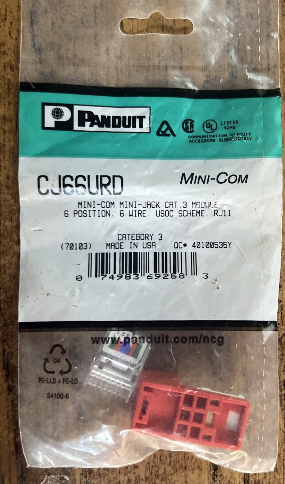 PANDUIT - Min-Com Mod - Cat 3 Jack - USOC - Red - CJ66URD