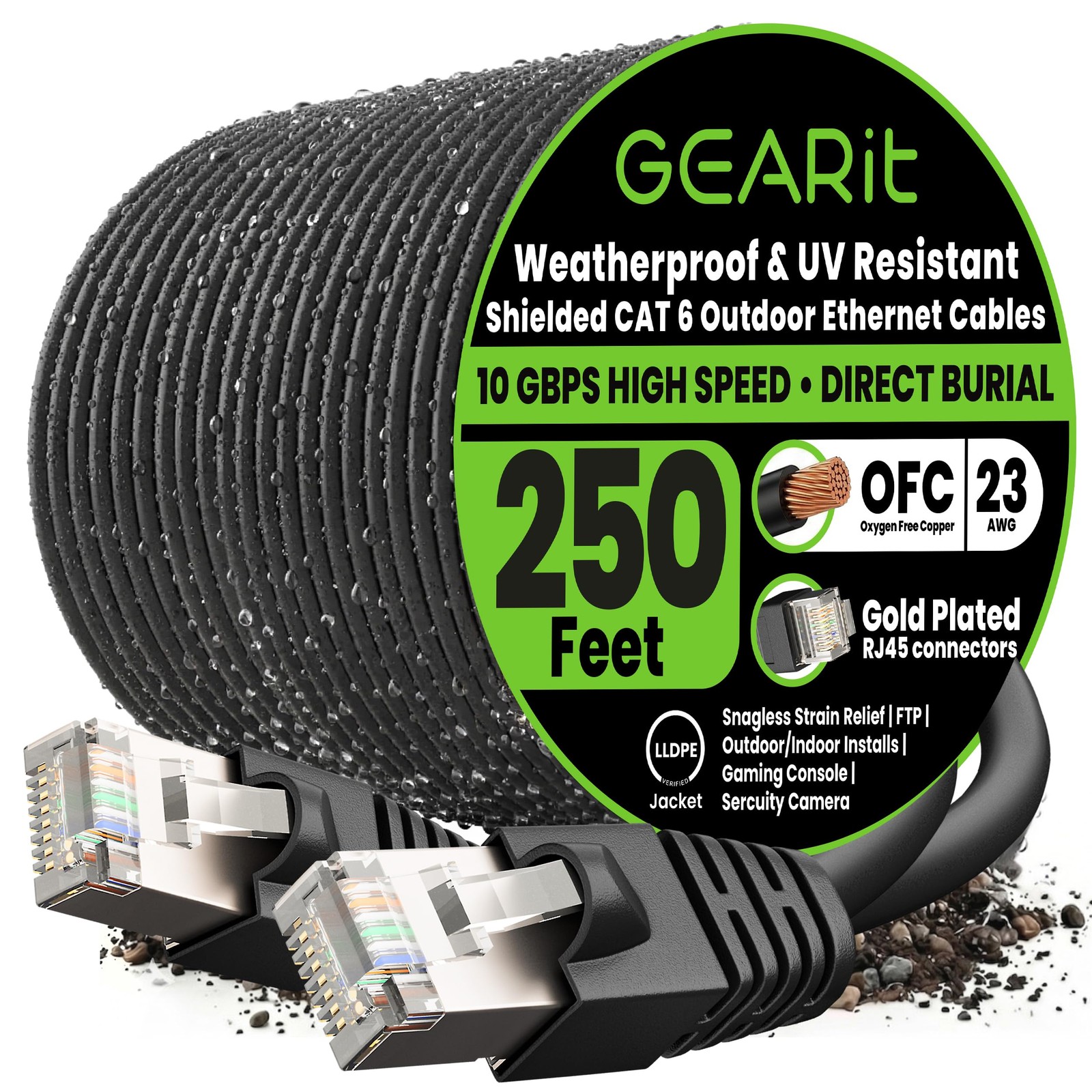 Cat6 Outdoor Ethernet Cable 250ft 23AWG Pure Copper FTP Waterproof Direct Burial