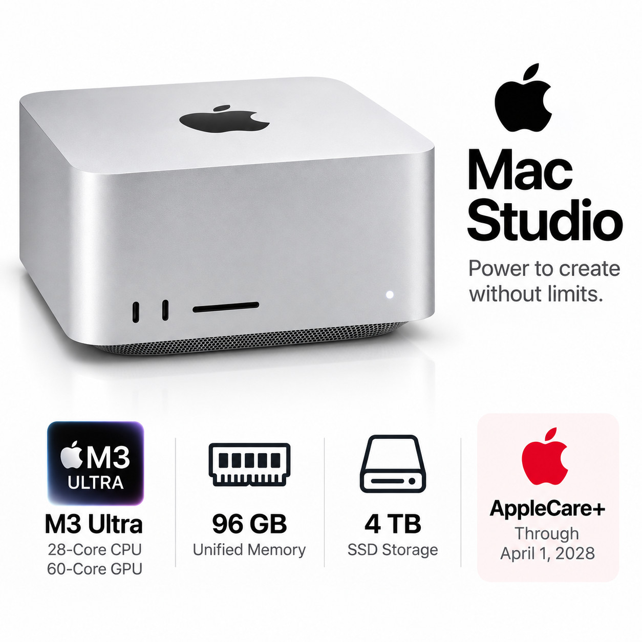 Apple Mac Studio M3 Ultra 96GB RAM 4TB SSD 60-Core GPU AppleCare+ 2028